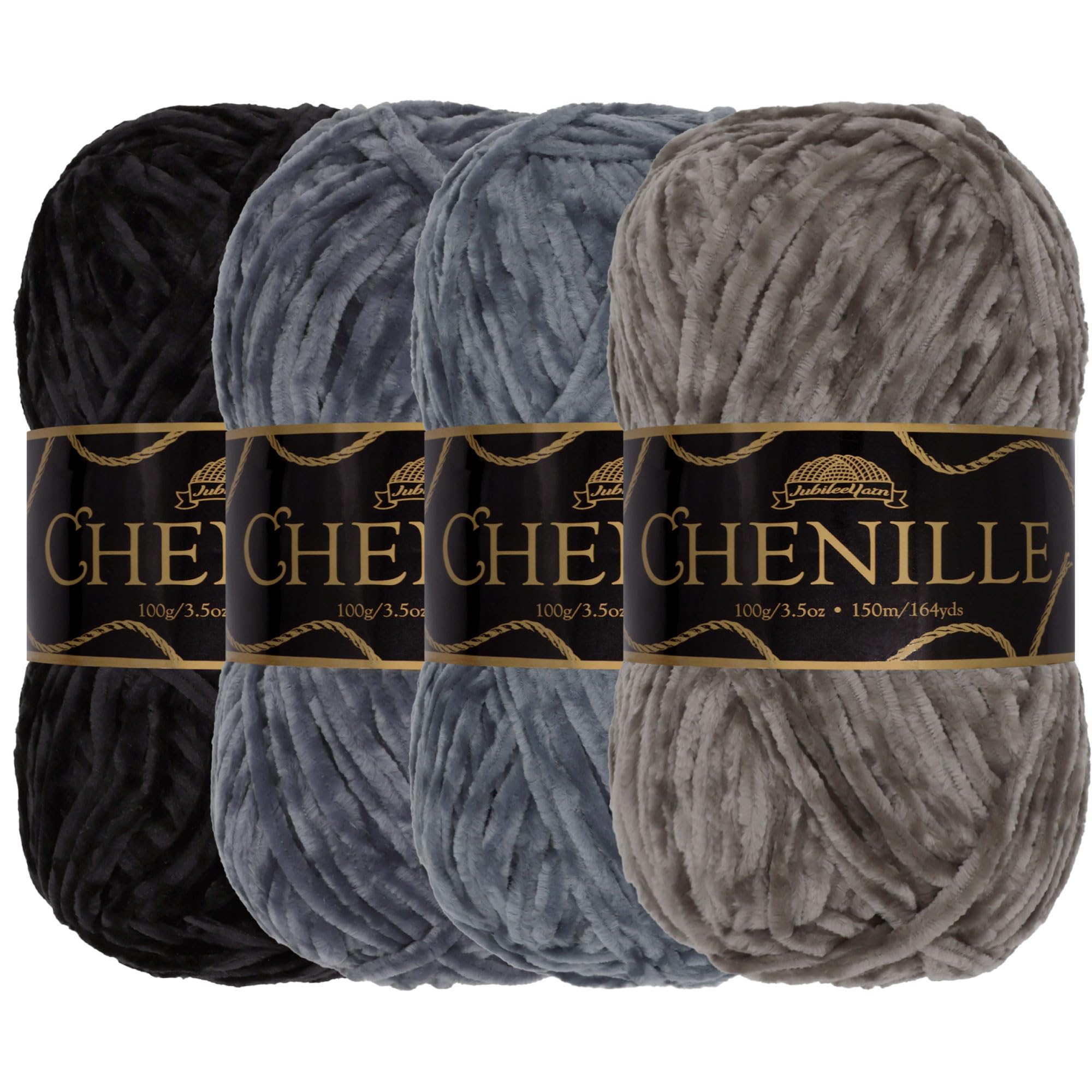 JubileeYarn Chenille Yarn - Worsted Weight - 100g/Skein - Shades of Grey - 4 Skeins