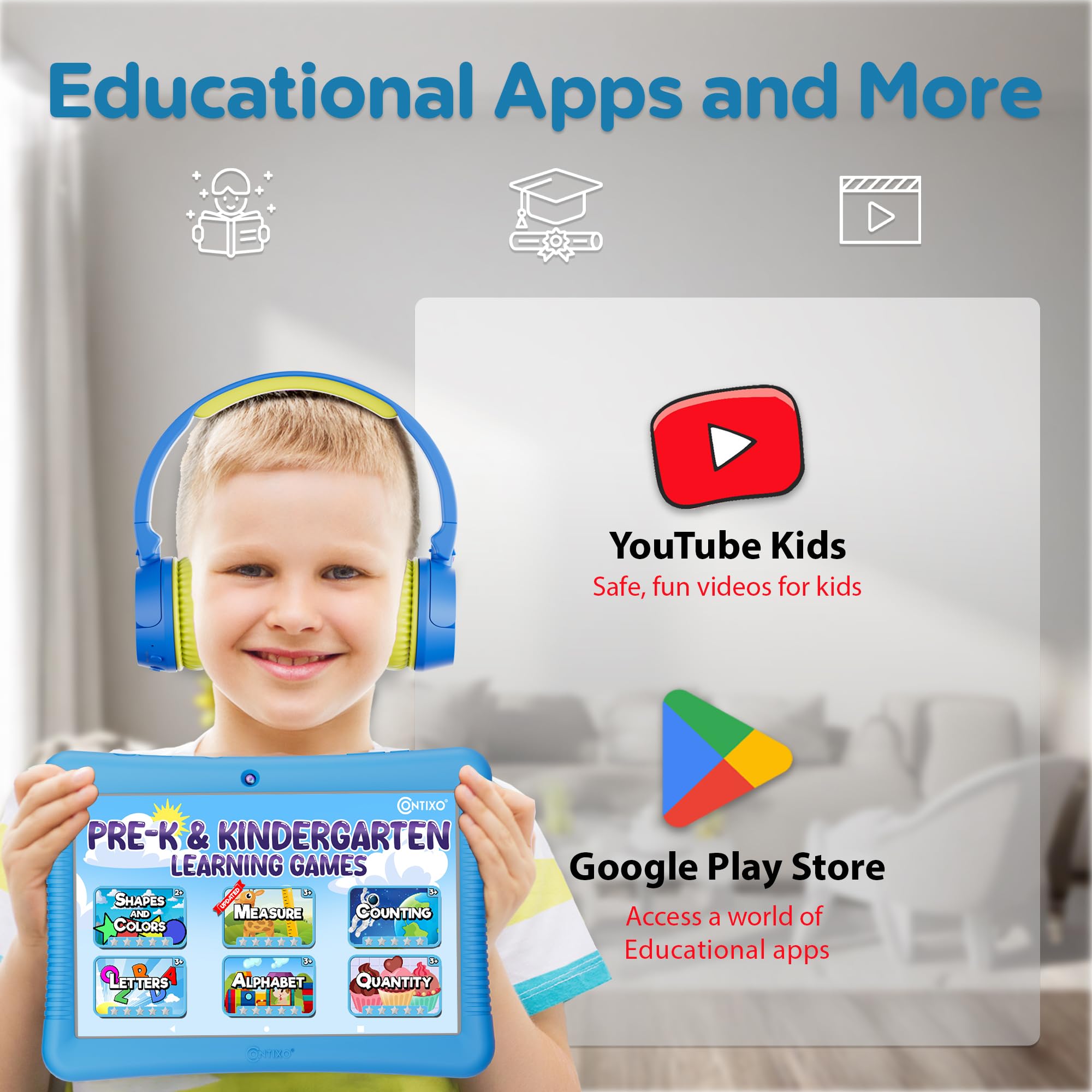 Contixo Tablet per bambini da 10 pollici con pacchetto cuffie - K103 Tablet per bambini, oltre 80 e-book e adesivi Disney (valore $350), 32 GB di archiviazione, 3 GB di RAM, Bluetooth, controllo