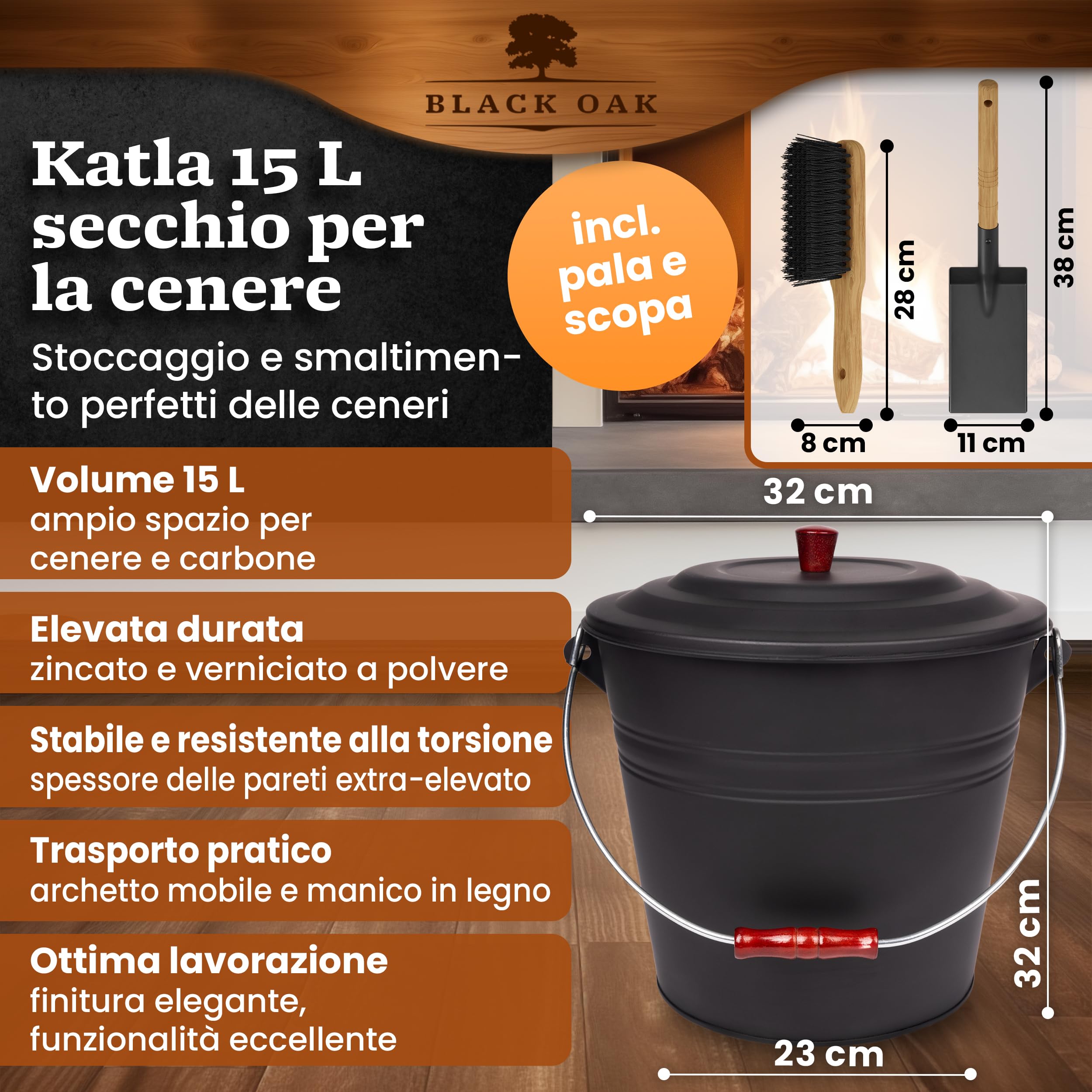 BLACK OAK Katla - Secchio per cenere da 15 l, con coperchio grande, 15 litri, in acciaio zincato a prova di fuoco, verniciato a polvere, cenere e carbone, accessorio ideale per stufa a legna