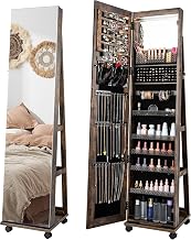 HOMASIS Jewellery Cabinet on Castors, Swivel Cabinet with 3 Colors LED Lights and Adjustable Shelves, Free Standing Jewelry Mirror for Necklaces, Earrings, Makeup, 40x38x163