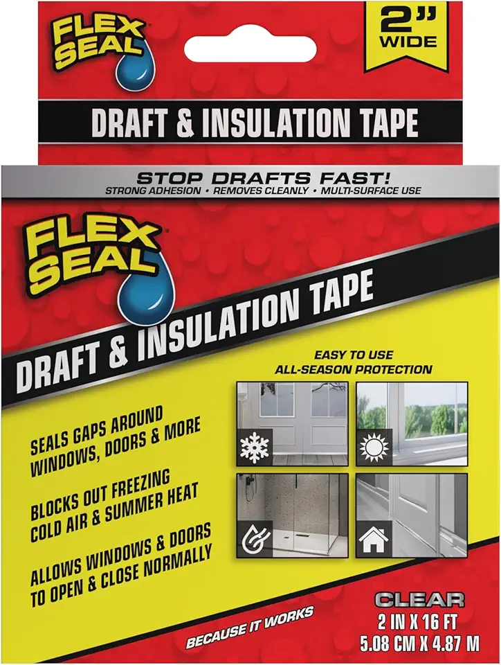 Flex Seal Draft and Insulation Sealing Tape, Flexible, Rubberized, Weatherproof Strip for Windows, Doors, Vents, Works on Wood, Glass, Tile, Metal, Plastic, Fiberglass, Clear, 2 in x 16 ft, Pack of 1
