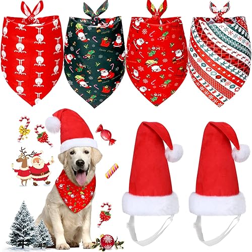 Miniatura 8 de Juego de 4 pañuelos navideños para perros, bufanda triangular ajustable para mascotas y 2 sombreros de Papá Noel para perros, gatos, patrones de