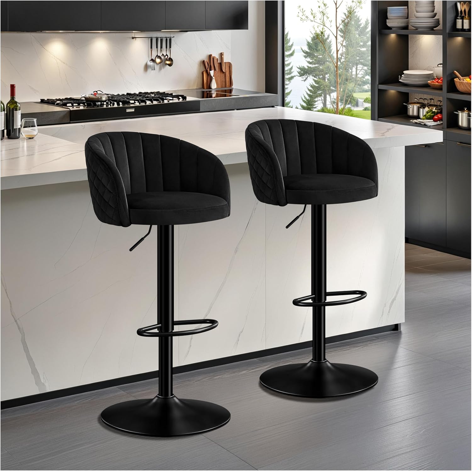 Black milk-velvet STOOLINK swivel bar stools with back, arms and footrest