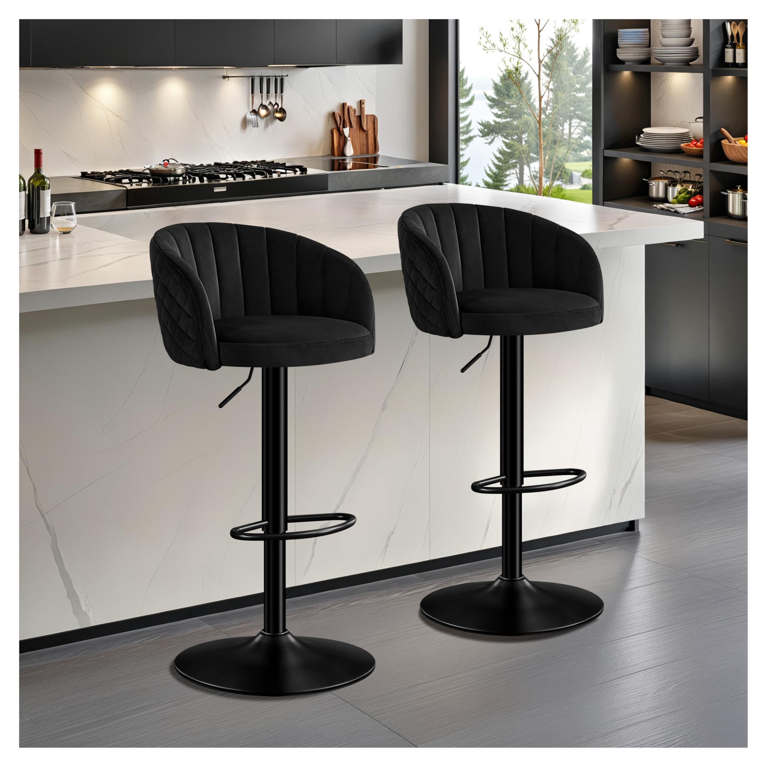 Bar Stool Set of 2, Bar Chair with Milk Velvet Fabric Adjustable Height, Kitchen Stools with Backrest and Armrests, Bar Chair 360° Rotation, High Stool 150kg-Black