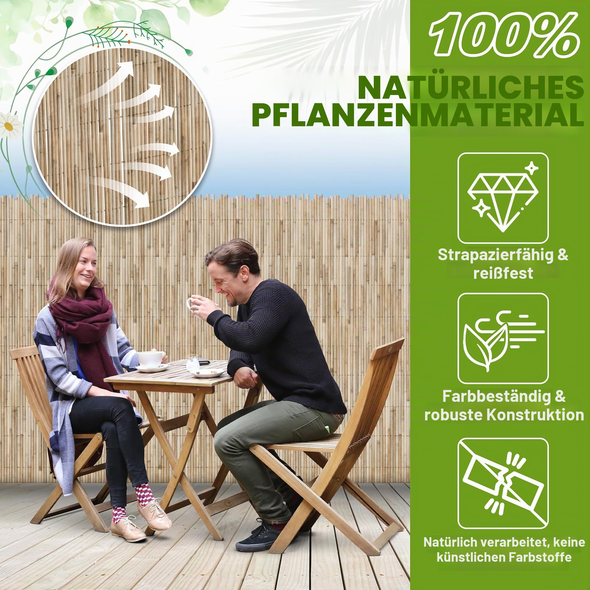 200x300cm Schilfmatten, Natur Schilf Sichtschutz Zaun mit Kabelbinders, 2-in-1 Windschutz & Sonnenschutz Schilfrohrmatte, Dekorative Gartensichtschutz für Balkon, Terrasse, Garten