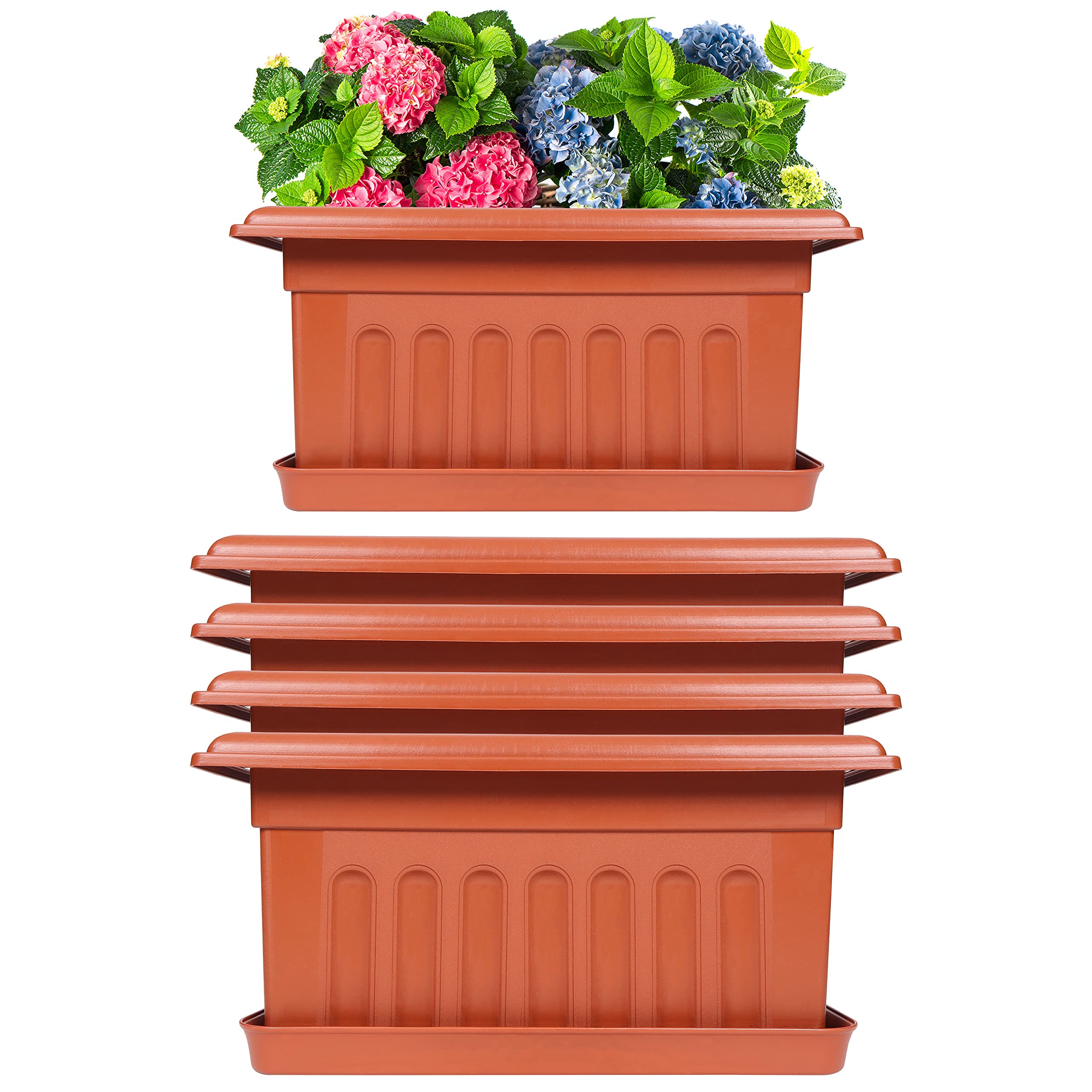 Livzing 16 Inch Plastic Rectangle Window Flower Pot with Drain Tray Set - Heavy Duty Highly Durable Plant Container Gamla for Indoor Home Decor & Outdoor Balcony Garden (Pack of 5, Terracotta)