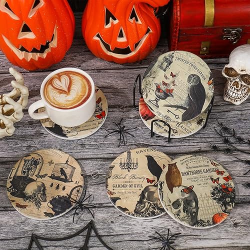 Miniatura 5 de Whaline 6 posavasos de Halloween con soporte, vintage, búho, cuervo, cráneo, cerámica, posavasos absorbentes para el hogar, cocina, fiesta,