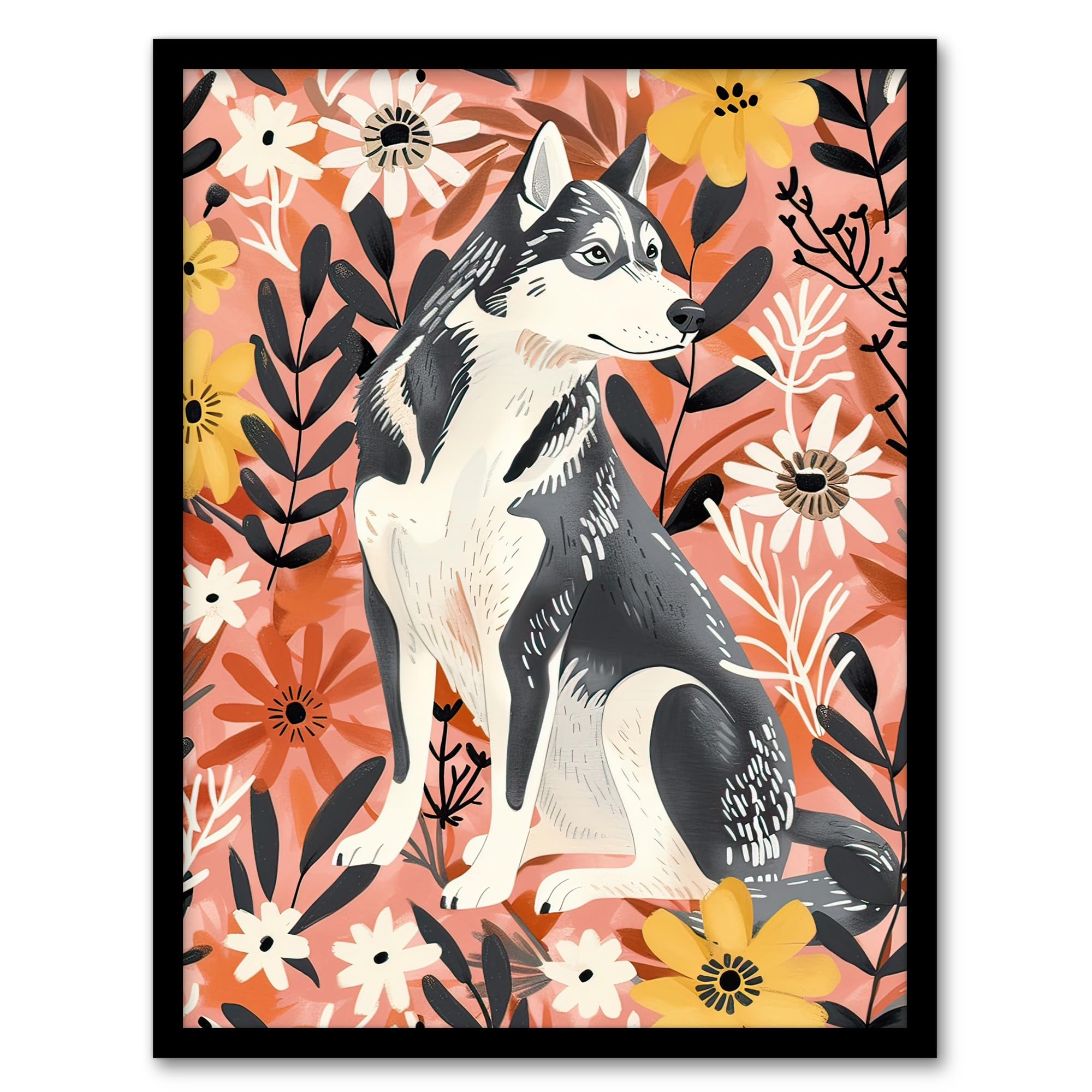 B&Q -  Dog Lover Siberian Husky Rustic Pink Floral Wall Art PrintA4 Size