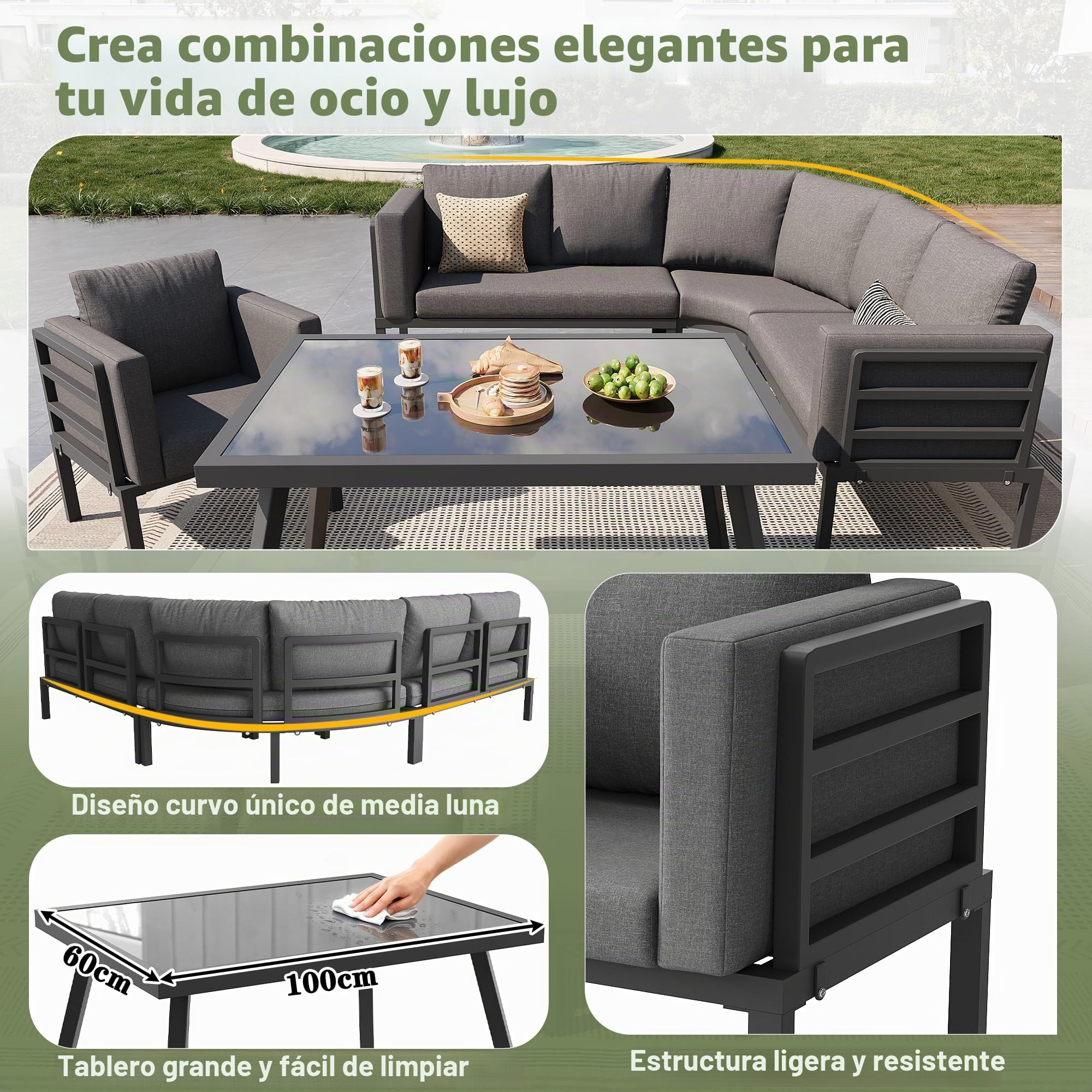 Conjunto Jardin Exterior en Forma de Media Luna para 8 Personas, Muebles Jardin Exterior con Mesa y Cojín Blando, Sofa Modular con 2 Taburetes y Sillón, Garden Furniture, Gris