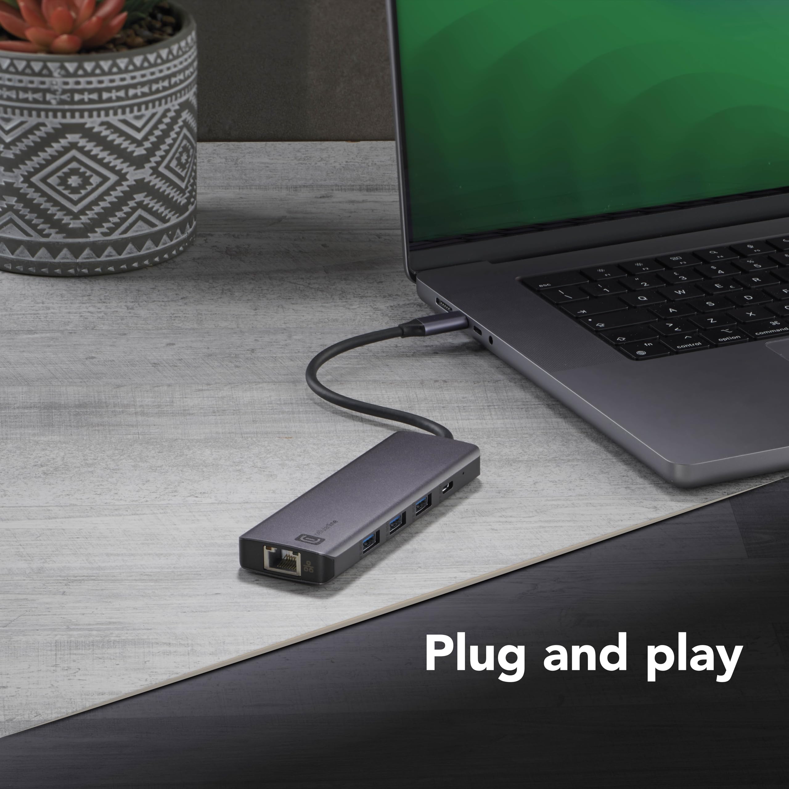 Cellularline HUB PRO 9-portowy koncentrator, ładowanie i transfer danych, 3 porty USB-A 3.0, USB-C Power Delivery do 100 W, HDMI 4K przy 60 Hz, Ethernet LAN, SD i Micro SD, szary metaliczny