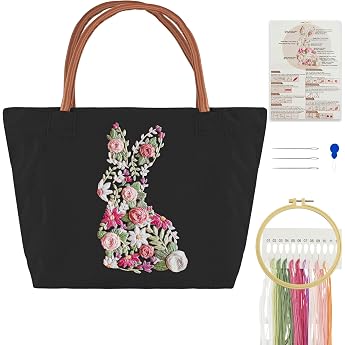 Turmaster Embroidery Set Adults with Canvas Tote Bag Embroidery Set Adult Beginners with Rabbit Pattern Embroidery Hoop Threads Needle Threader and DIY Embroidery Tools Black
