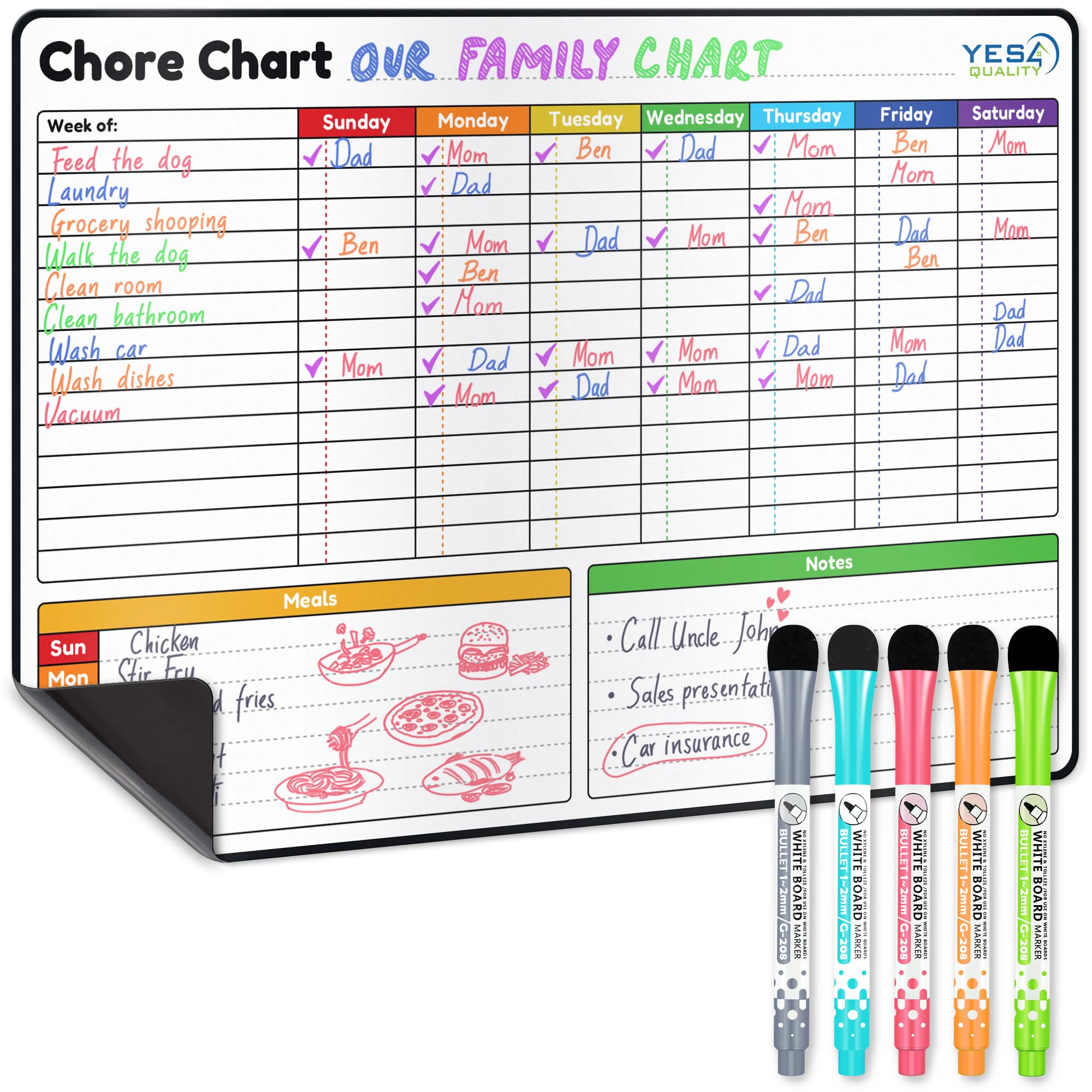 Yes4Quality, Magnetic Dry Erase Chore Chart, 48x33 cm, Behaviour Chart for Multiple Kids, Family Weekly Chores Checklist