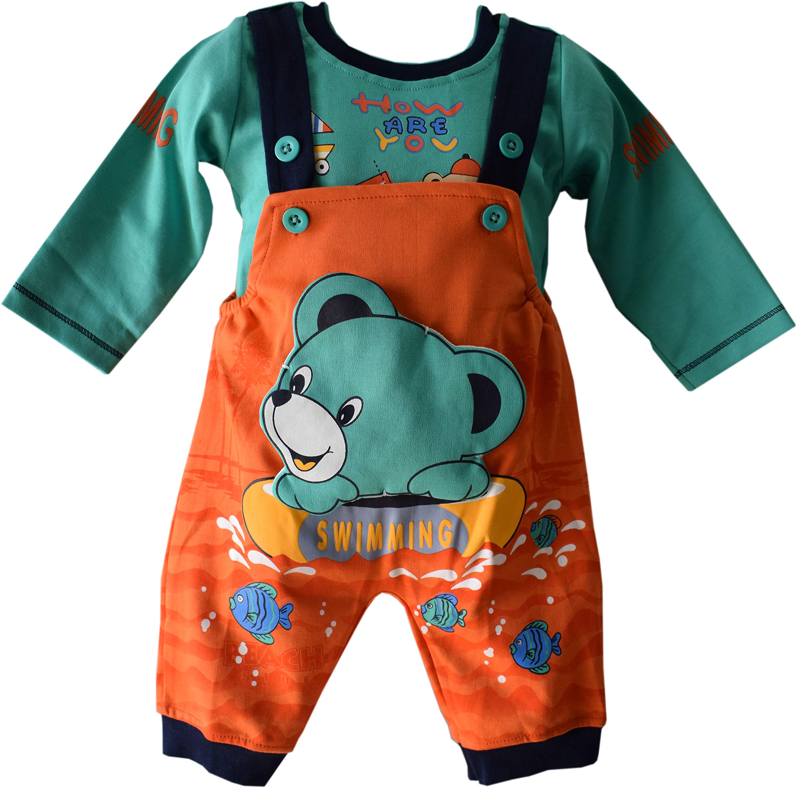 TinchukTinchuk Dungaree Style Romper With Full Sleeves Tee Romper Body Suite for New Born baby Pack Of 1 (ORANGE, 0-6 months)