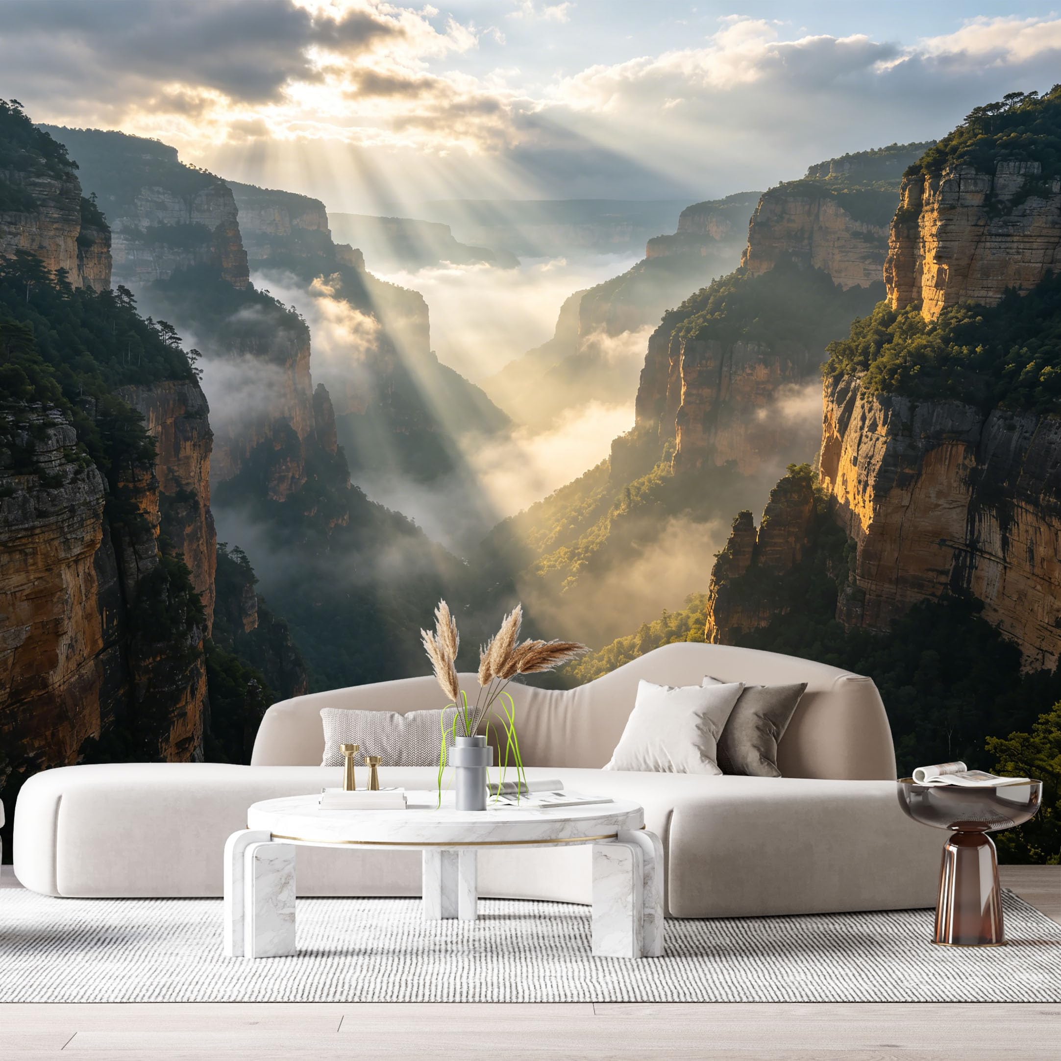 Custom Size Wall Murals Sunrise Canyon Landscape Misty Mountains Valley Fog SelfAdhesive Wall Fabric Removable Large Wallpaper for Photo Living Room