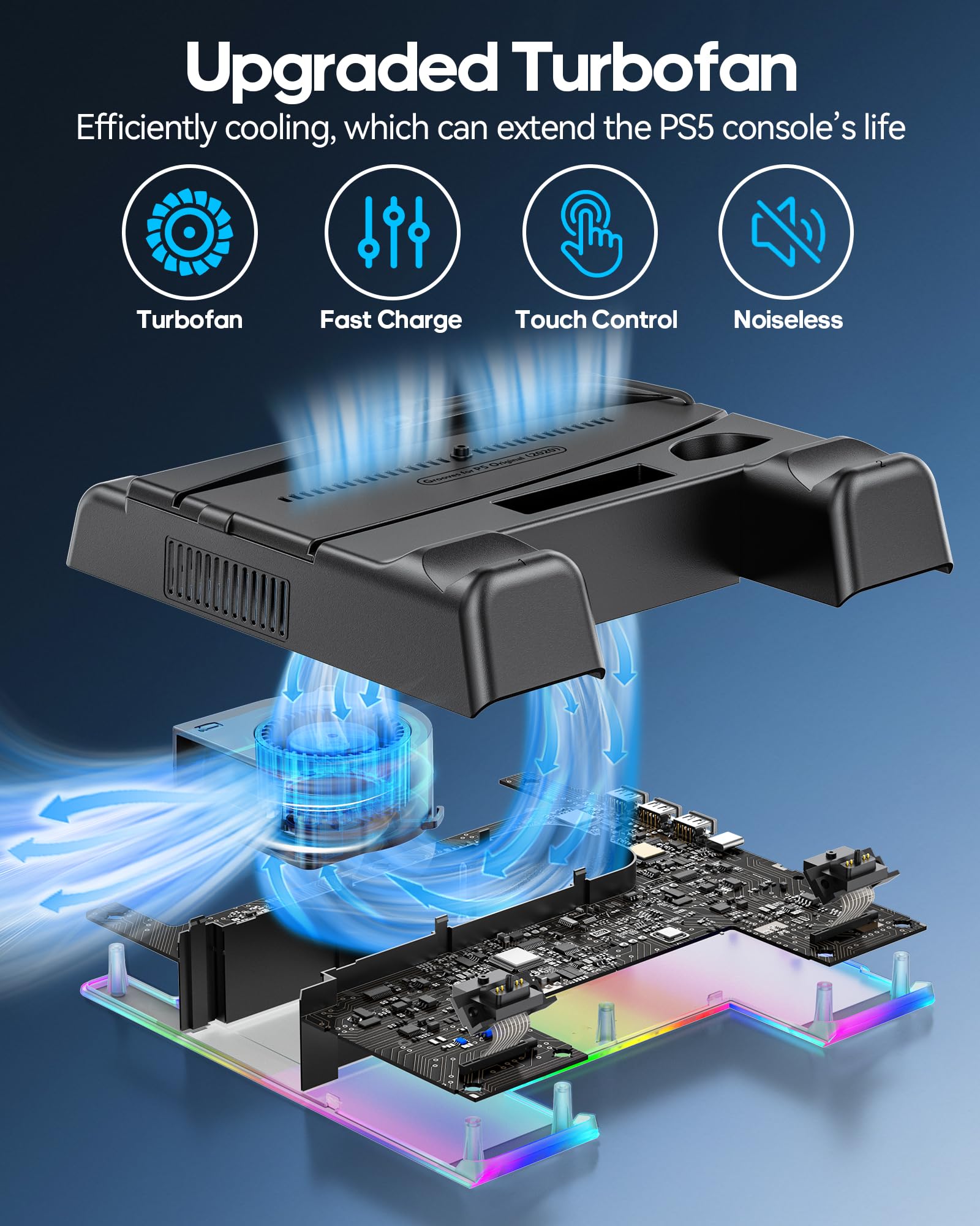 PS5/ Slim/Pro Stand for Disc & Digital Console, PS 5 Cooling Station with Dual Controller Charging Station for PlayStation 5 Console, 3-Level Fan PS5 Controller Charger Accessories Stand-Black thumbnail 8