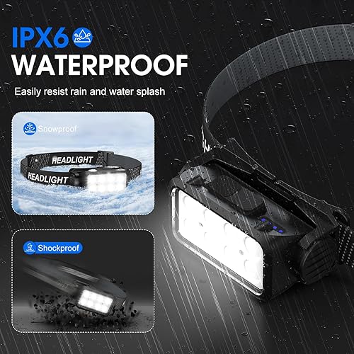 Miniatura 7 de Linterna frontal recargable, 8 LED de 2500 lúmenes, faro súper brillante con luz blanca roja y sensor de movimiento, paquete de 2 lámparas de cabeza