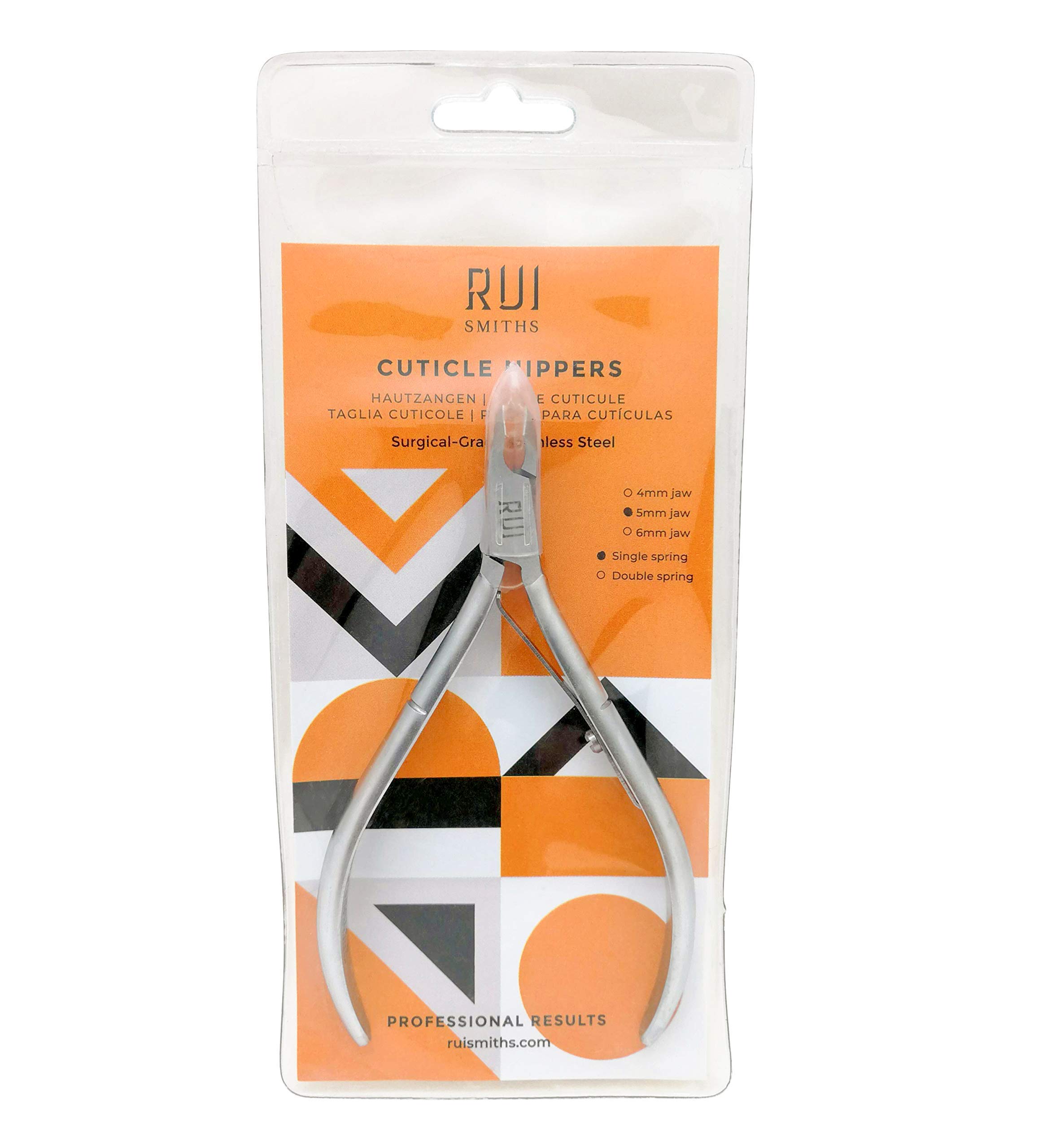 Rui Smiths Cuticle Nippers, Professional, Stainless Steel, Spanish Handle,  Rounded Box Joint, Matte Chrome Plated, Single Spring (4mm Jaw/Quarter Jaw)