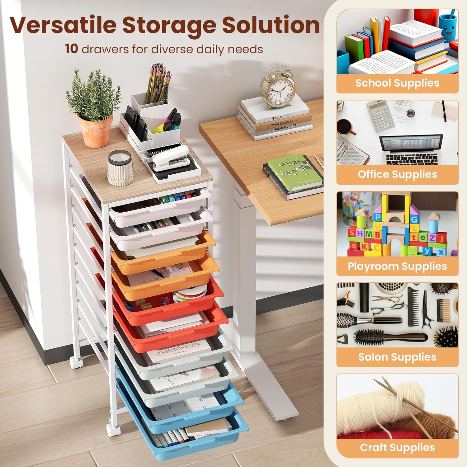 COSTWAY Rolling Storage Cart with Drawers, Multipurpose Utility Cart w/Wooden Tabletop & 2 Lockable Caster, Plastic Mobile Drawer Storage Organizer for Classroom, Home, Office (Macaron, 10 Drawers)