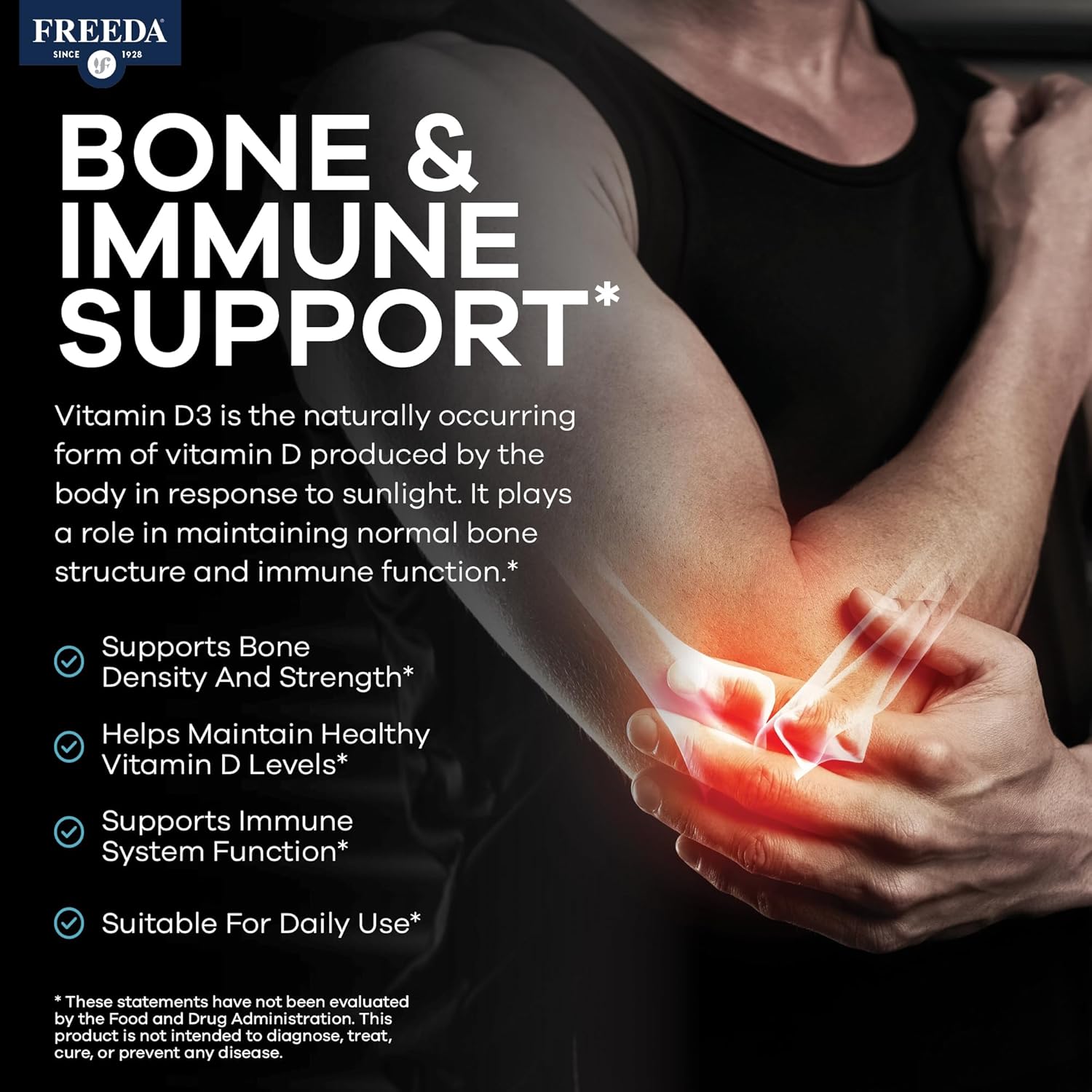 FREEDA Vitamin D3-5000 IU - Pure High Potency Kosher Supplement Tablets - Bone and Muscle Health, Calcium Absorption, Immune Support for Men and Women* - 250 Count