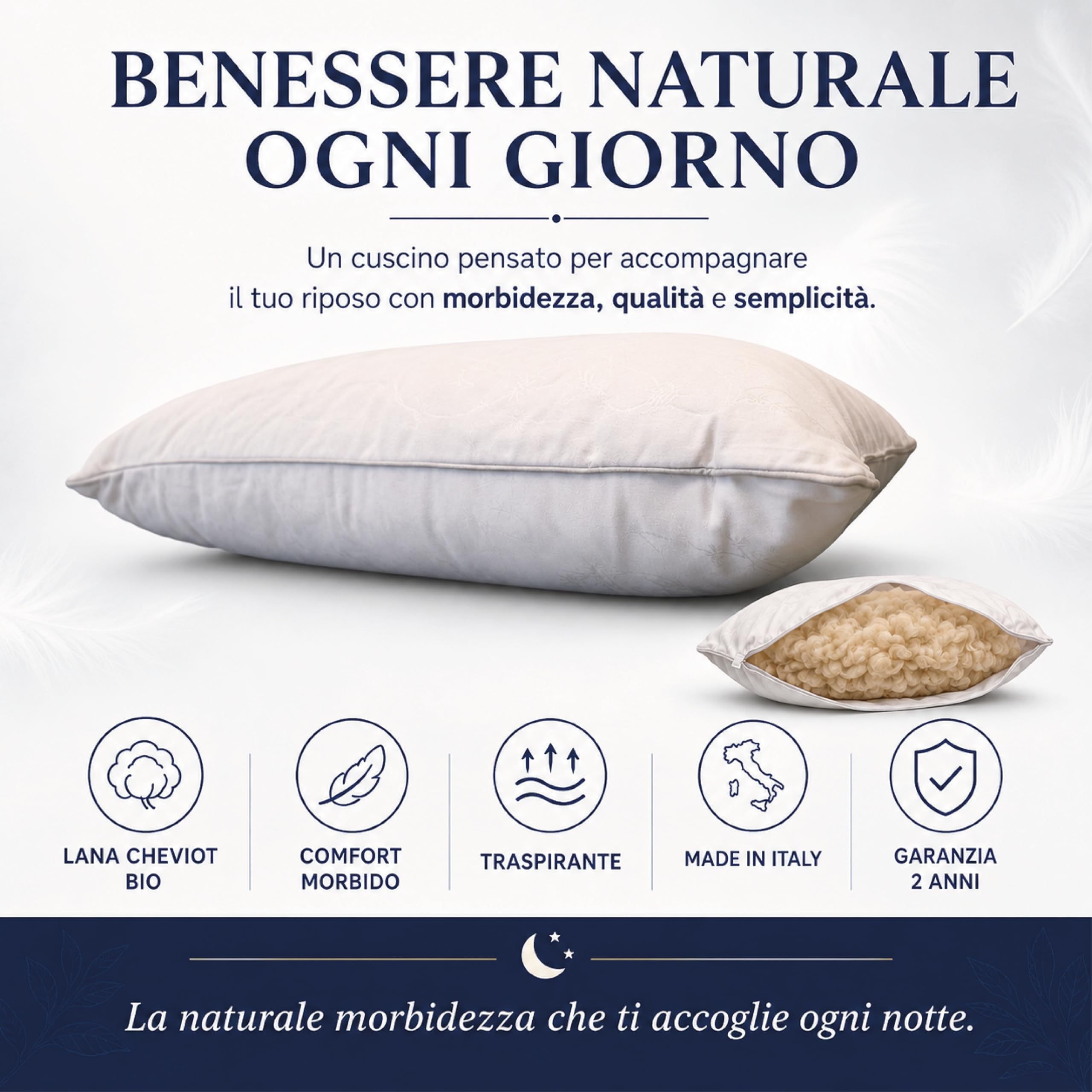 Cuscino Lana Cheviot Naturale 70x40x15 cm