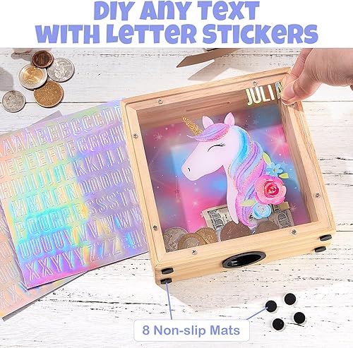 Miniatura 2 de Hedgeink - Hucha para niñas, con diseño de unicornio y monedas, con calcomanías del alfabeto (azul y morado)