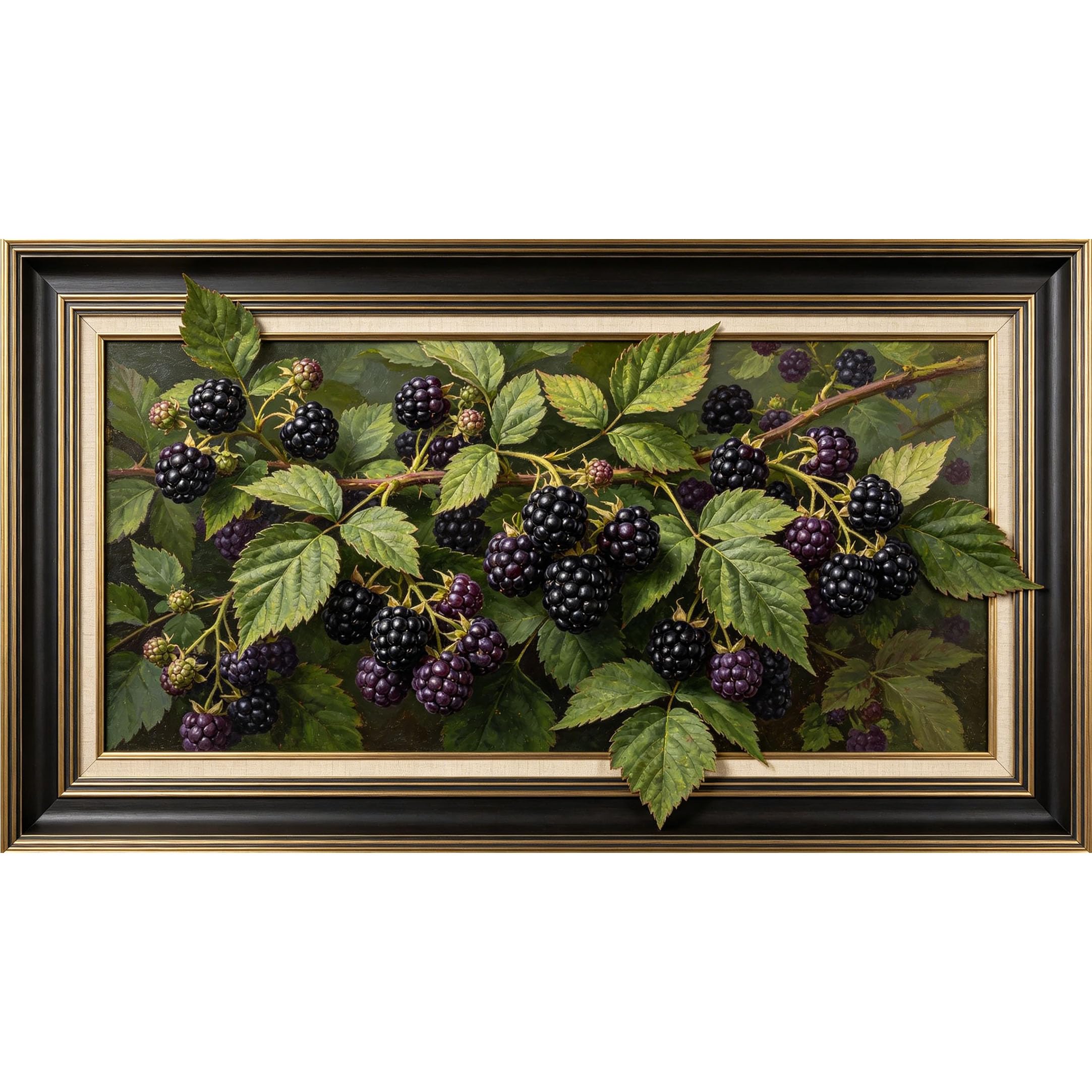 QZLITHOTIC 50x90cm3D Framed Wall Art， Botanical Blackberry Branches Oil Painting Style Self‑Adhesive Mural， Water‑Activated Peel & Stick Fabric Decor Wall Decal for Bedroom Living Room