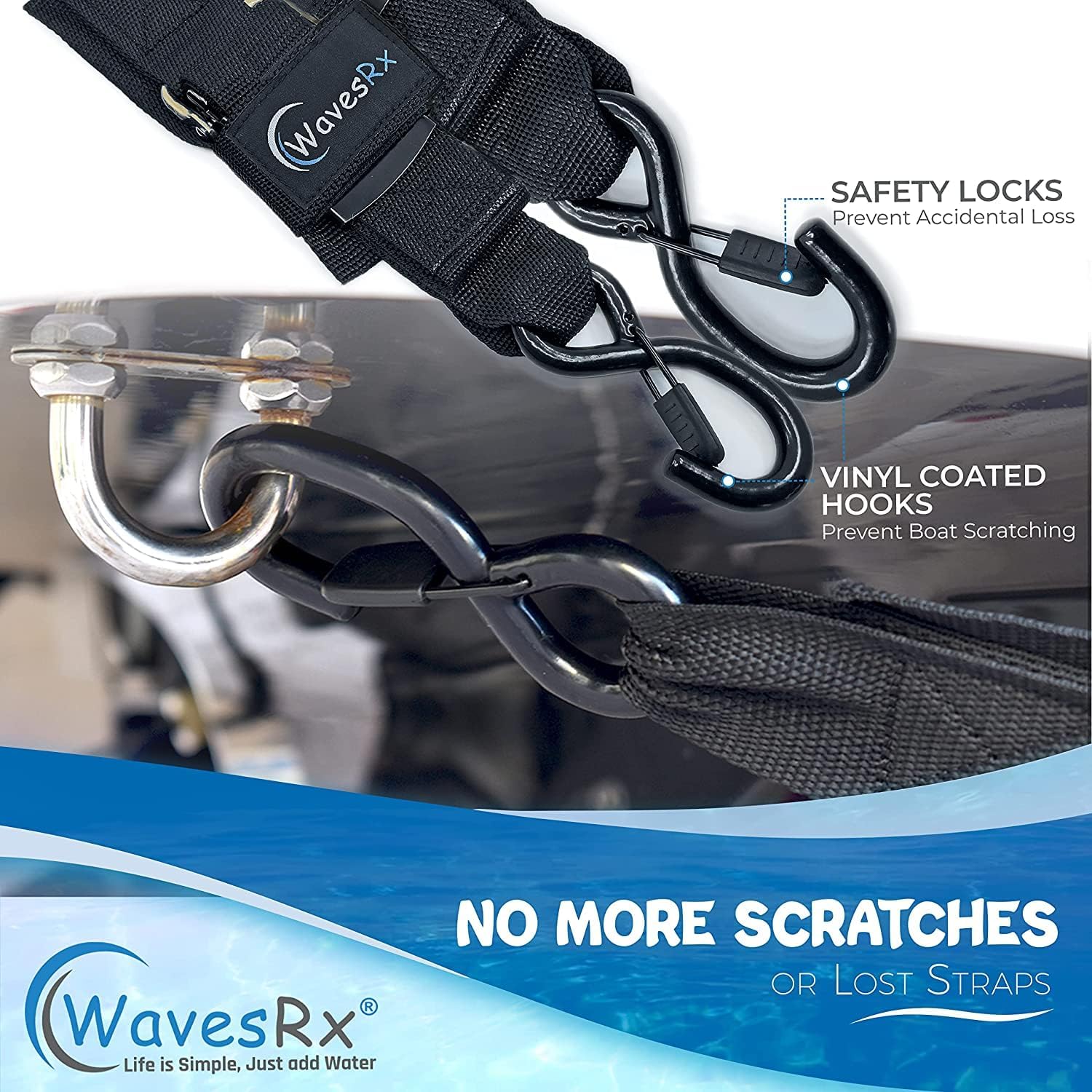 WavesRx Boat Trailer Premium Winch Strap 20' with Stainless Steel Hook + 2PK 48" Boat Trailer Transom Straps + Hitch Tightener (Value Bundle) Perfect for Boat, Pontoon & Jet Ski