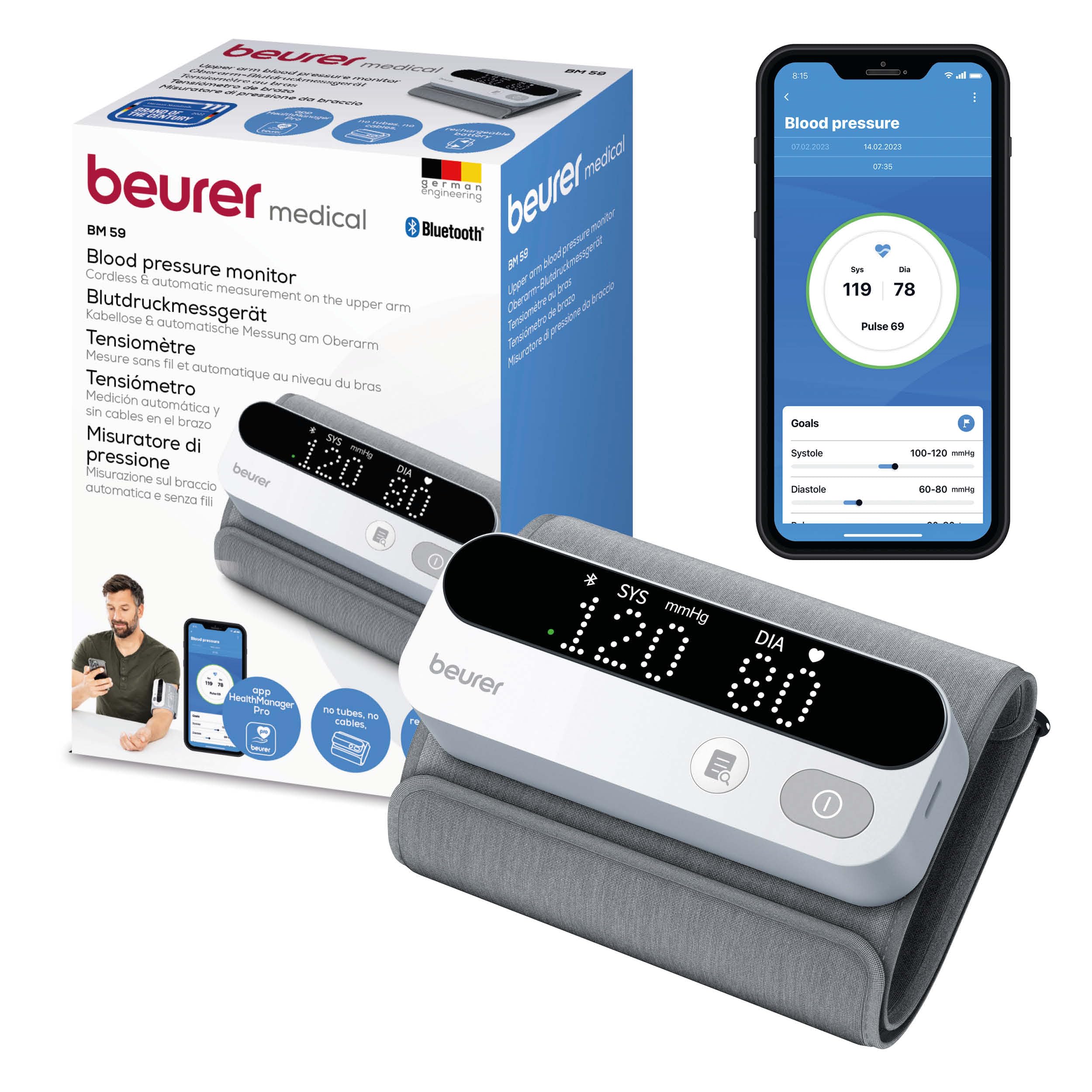 Beurer BM 59 tensiómetro de brazo, brazalete sin tubos ni cables, indicador de riesgo LED, detección de arritmias, brazalete para 22-42 cm, con app, transferencia de datos a Apple Health y más