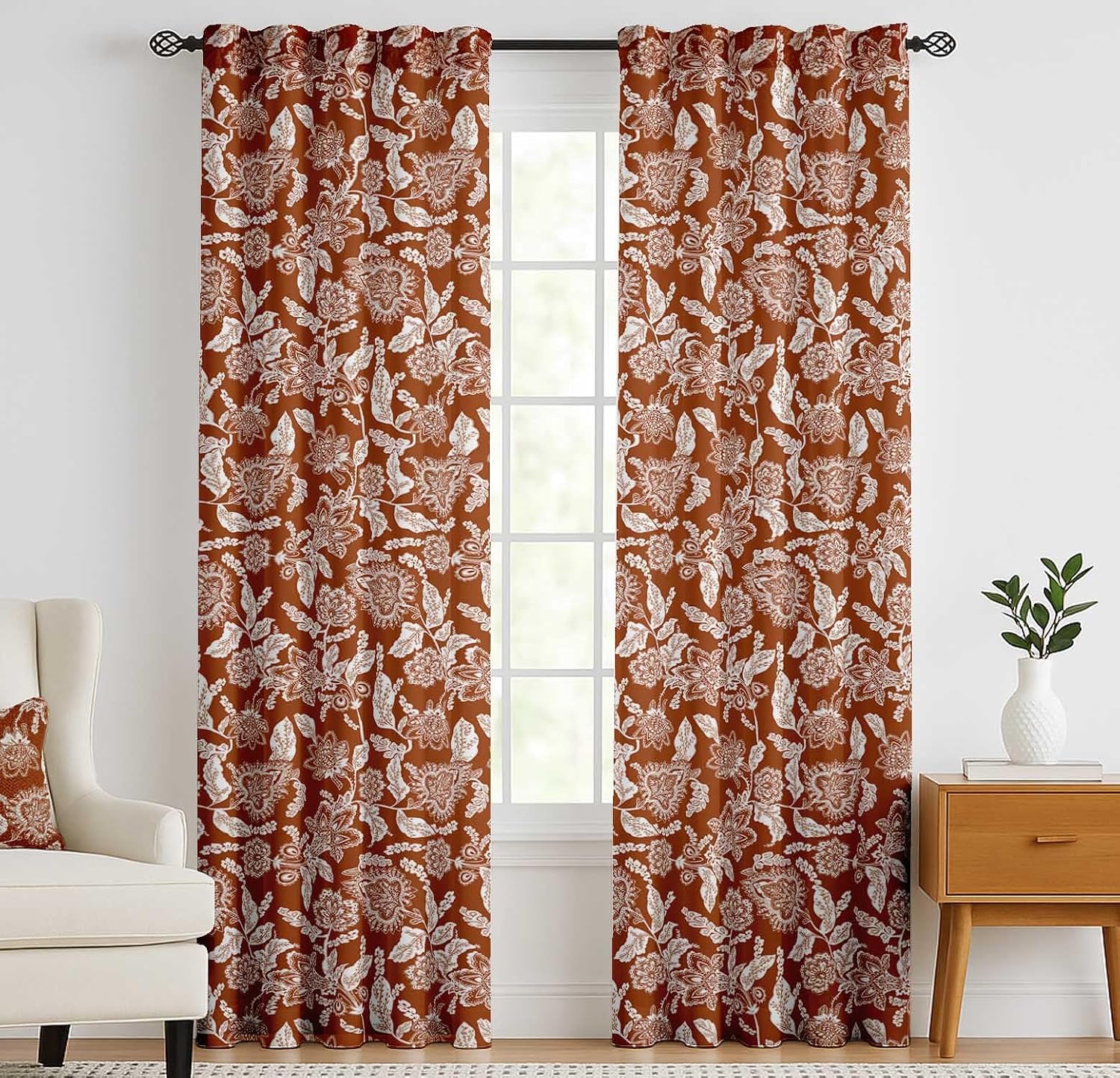 Cotton Curtains for Windows - 3-in-1 Rod Pocket/Back Tab Short Window Drapes - Light Filtering Cotton Canvas Panels - Set of 2, 52"x63" - Leaves Print (Brown)