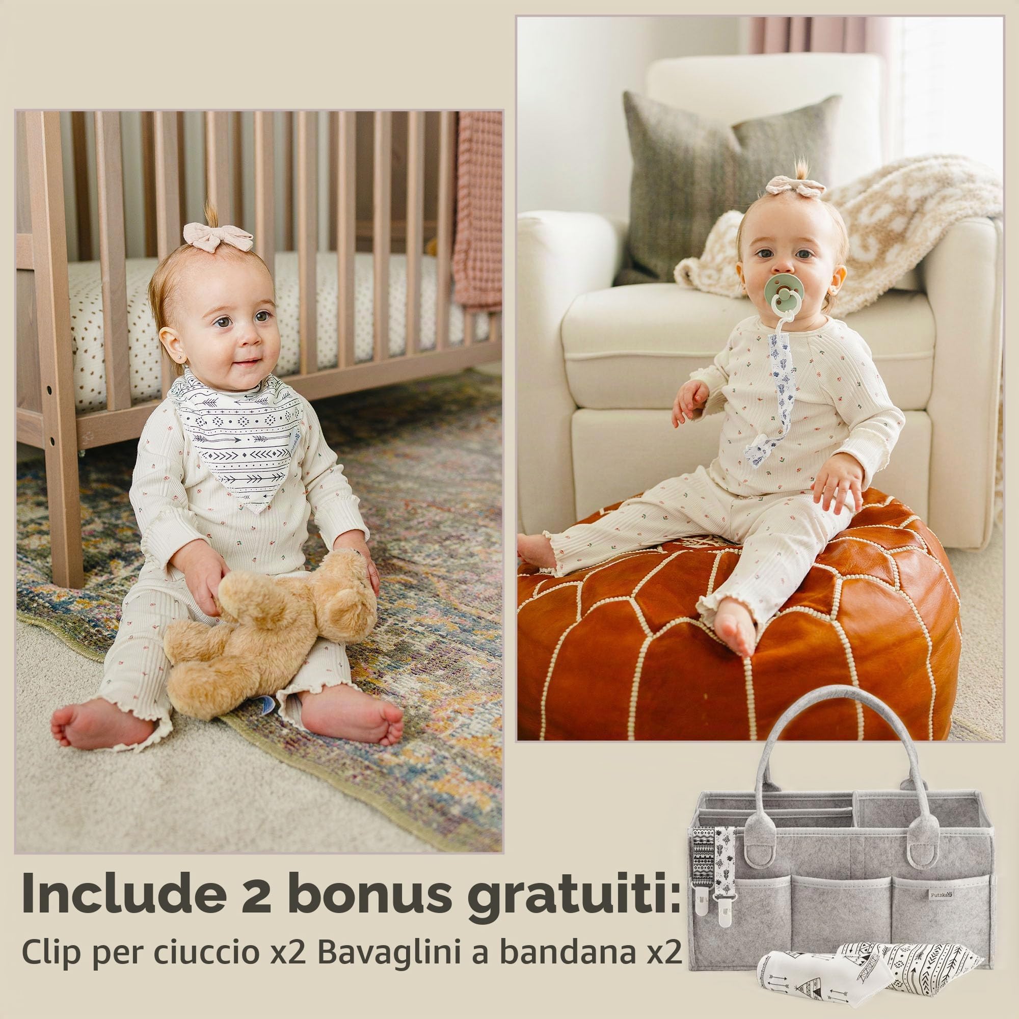PUTSKA Organizzatore pannolini bebè - Cestino in feltro portatile con scomparti regolabili, borsa fasciatoio pieghevole per passeggino, organizza fasciatoio e cassettiera - Grigio, 100% cotone bio