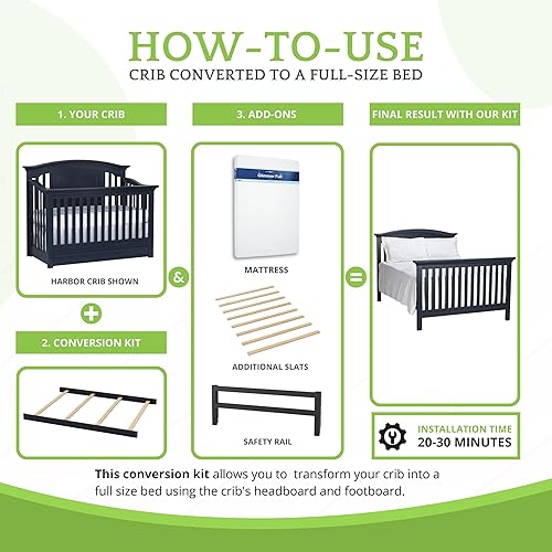 Miniatura 55 de Kit de conversión de tamaño completo, rieles de cama para cunas de bebé, múltiples acabados disponibles (cereza) Cereza,Arenisca,Blanco antiguo,Gris