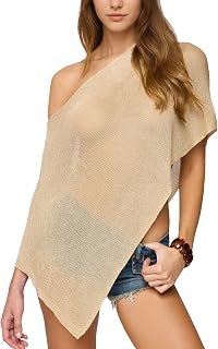 Women Cover Up One Shoulder Knit Asymmetric Shrug Pullover Sweater Trendy Beach Vacation Sheer Poncho Mesh Blouse