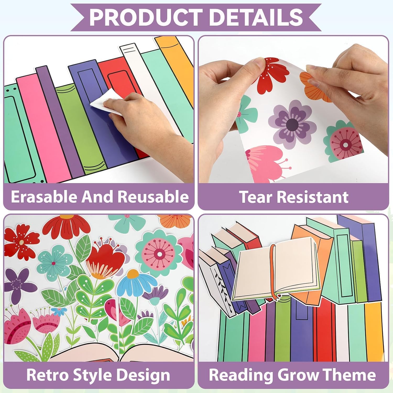 Naozinebi Reading Makes Your Mind Bloom Bulletin Board Set Spring Theme Flower Classroom Decoration Retro Book Floral Cutouts for Schools Library Office Wall Chalkboard Back to School Decor Supplies
