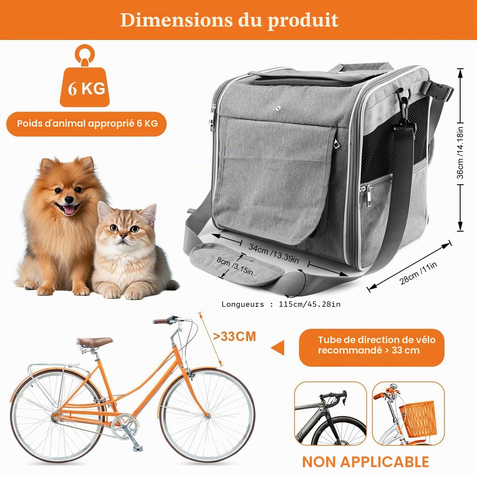 Eiito Panier pour chien vélo sûr jusqu'à 6 kg, sac à dos et voiture