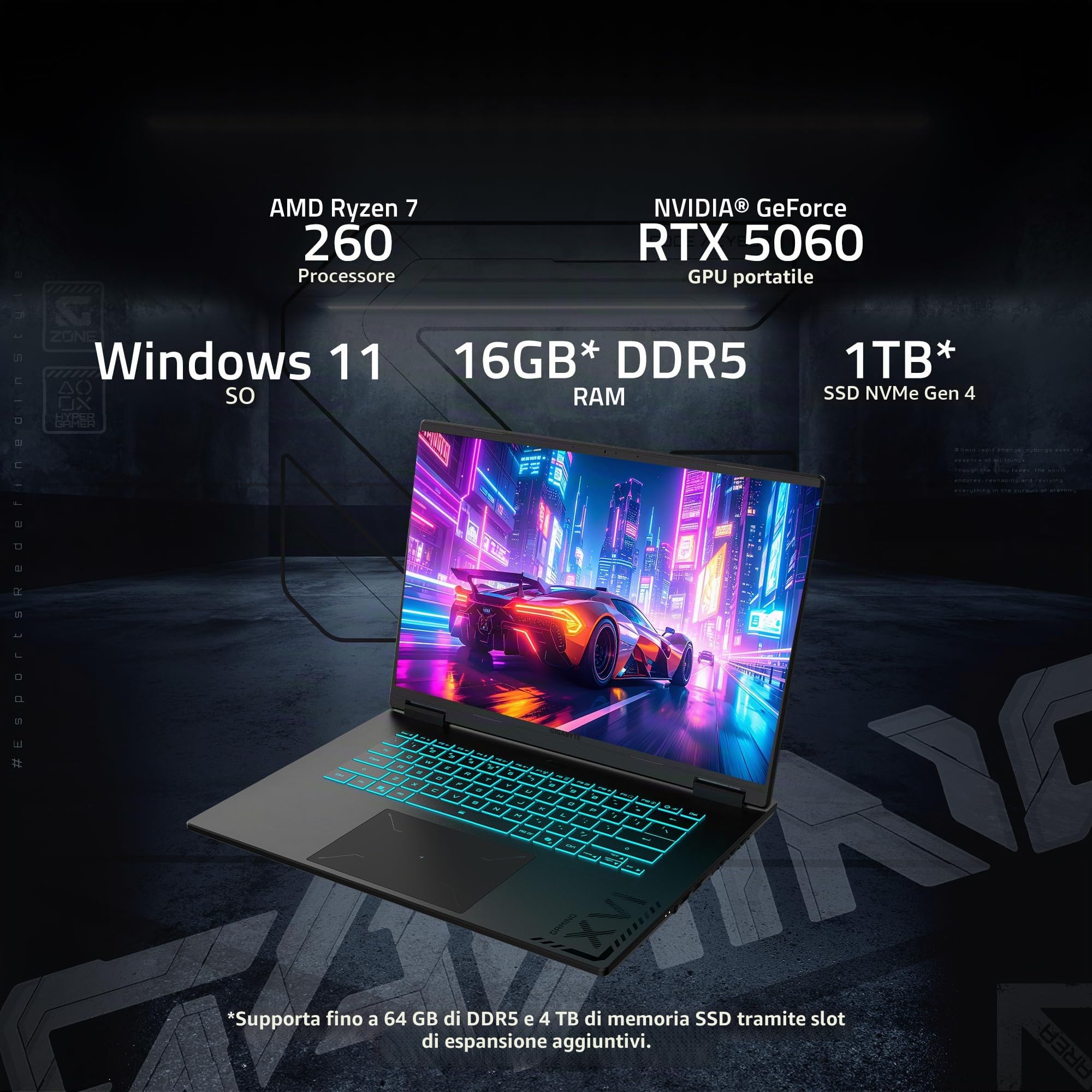 GIGABYTE - Gaming A16 Gaming Laptop - 165Hz 1920x1200 WUXGA - NVIDIA GeForce RTX 5060 - AMD Ryzen 7 260-1TB SSD con 16GB DDR5 RAM - Windows 11 Home AD Gaming A16 3VHK3US894SH