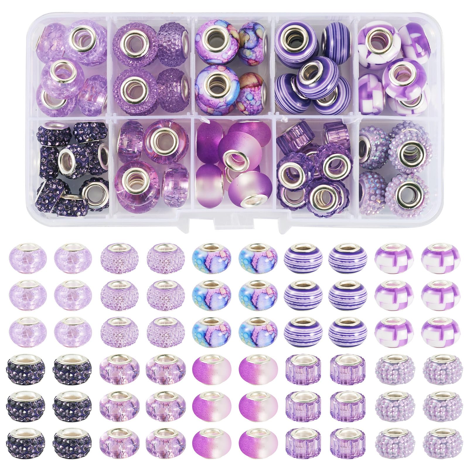 Boutigem 66Pcs 10 Styles Large Hole European Beads Set Transparent & Opaque Rondelle Loose Spacer Beads Bulk for Bracelet Earring Jewelry Making DIY Pen Decor, Purple — image 1