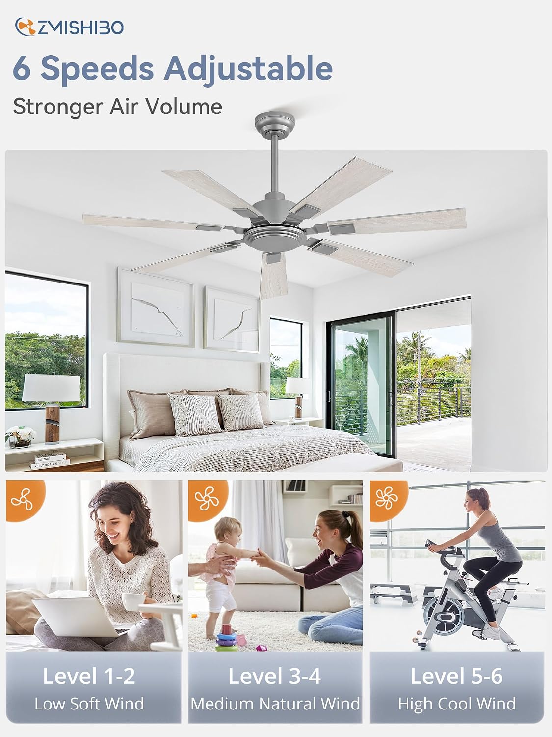 ZMISHIBO 52“ Ceiling Fans No Light with Remote, Silver Modern Ceiling Fan Without Light, Quiet Reversible DC Motor, 6 Speeds, 7 Blades Indoor/Outdoor Ceiling Fan for Living Room Bedroom Patio Garage