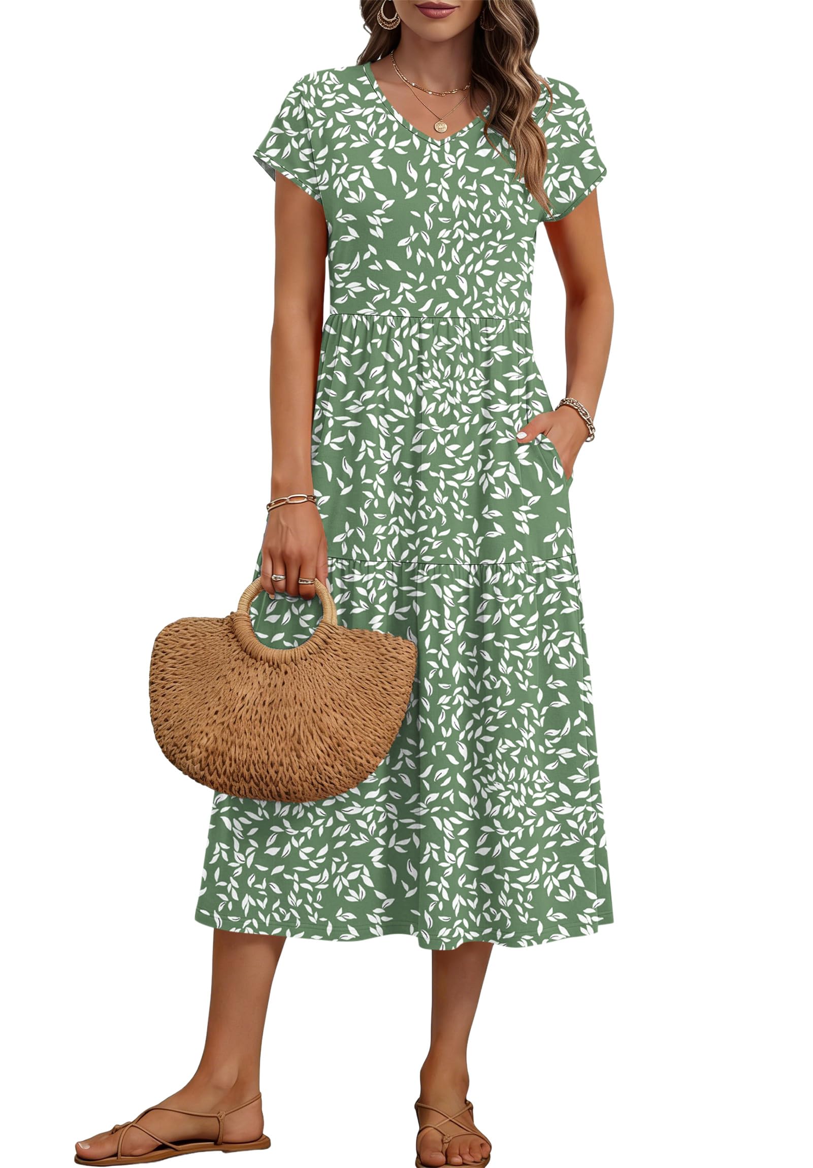 PLOKNRD Robe Longue Femme Été - Taille Haute, Col V, Manches Courtes avec Poches - Volants en Jersey Infroissable