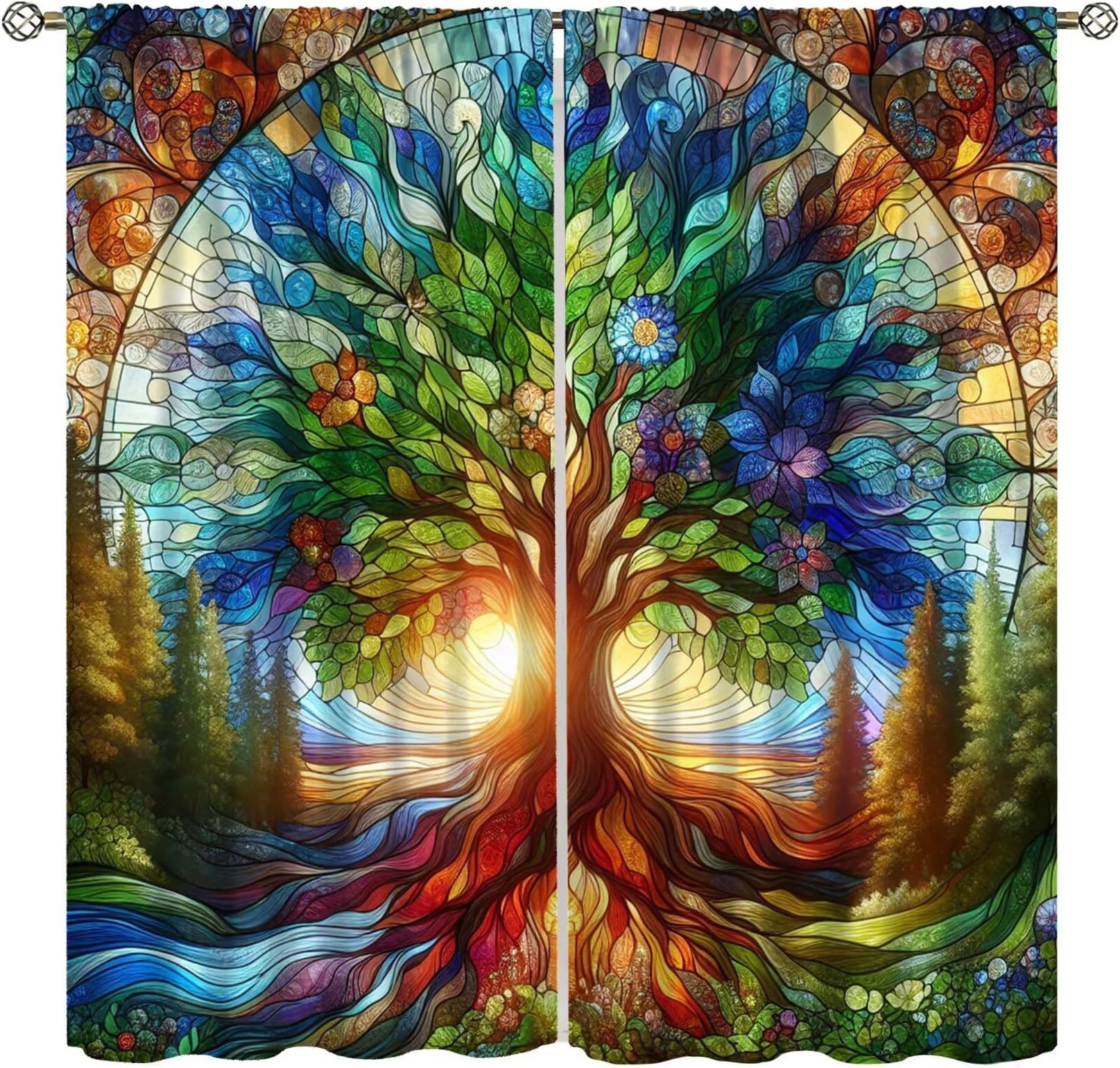 Stained Glass Tree Curtain,Modern Art Boho Jungle Forest Nature Plant Botanical Tree of Life Decor Window Treatments,for Kids Living Room Bedroom Kitchen Cafe Farmhouse 42" W X 45" L