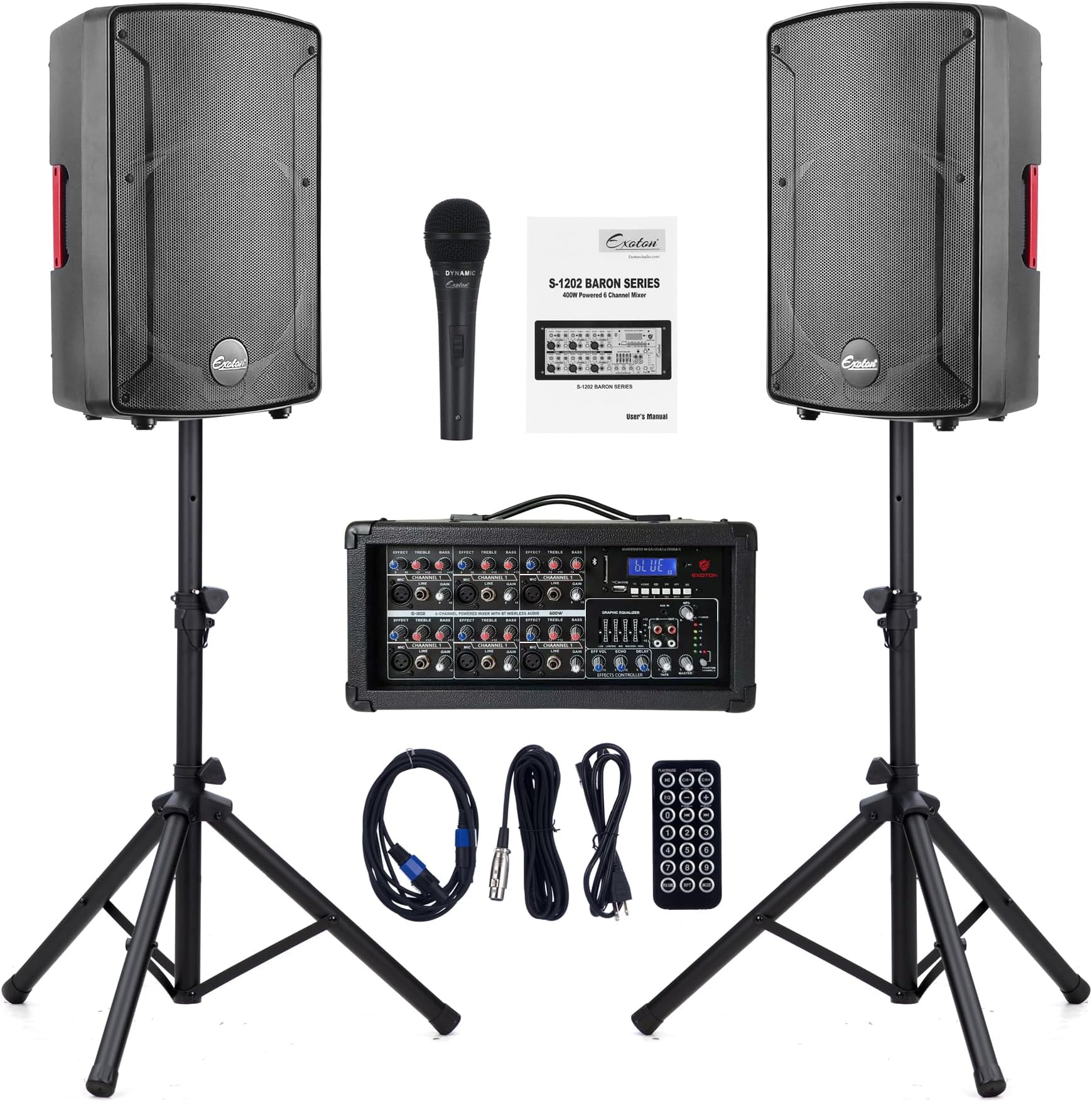 EXOTON S-1202 12inch 2000W Bluetooth PA System with Powered Mixer Set, Passive Speakers with 6 Channel Mixer/Stands/Mic/Effect Controller/ 48V Phantom Power,for Indoor&Outdoor