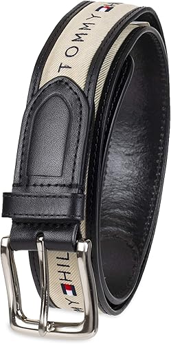 Tommy Hilfiger - Cinturón de tela con incrustaciones de cinta para hombre con hebilla de un solo diente Negro/Natural, Negro/Azul marino, Crema/Azul