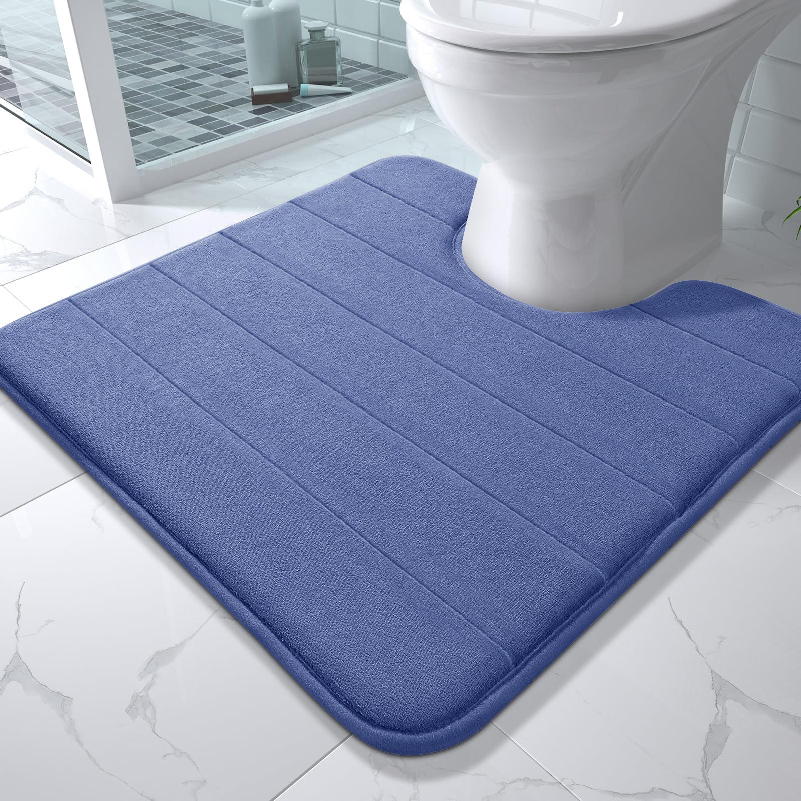 Yimobra Memory Foam Toilet Bath Mat U-Shaped, Soft and Comfortable, Super Water Absorption, Non-Slip, Thick, Machine Wash and Easier to Dry for Bathroom Commode Contour Rug, 24 X 24 Inches, Navy Blue