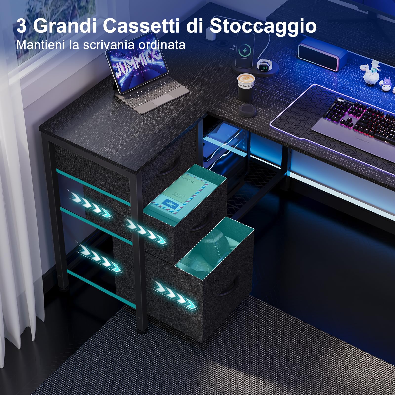 JUMMICO Scrivania da Gaming Angolare a Forma L, 170x90cm con Illuminazione LED, Supporto Monitor Regolabile in Altezza, 3 Cassetti, 2 Prese e 2 Porte USB, Scrivania in Acciaio e Legno, Nero