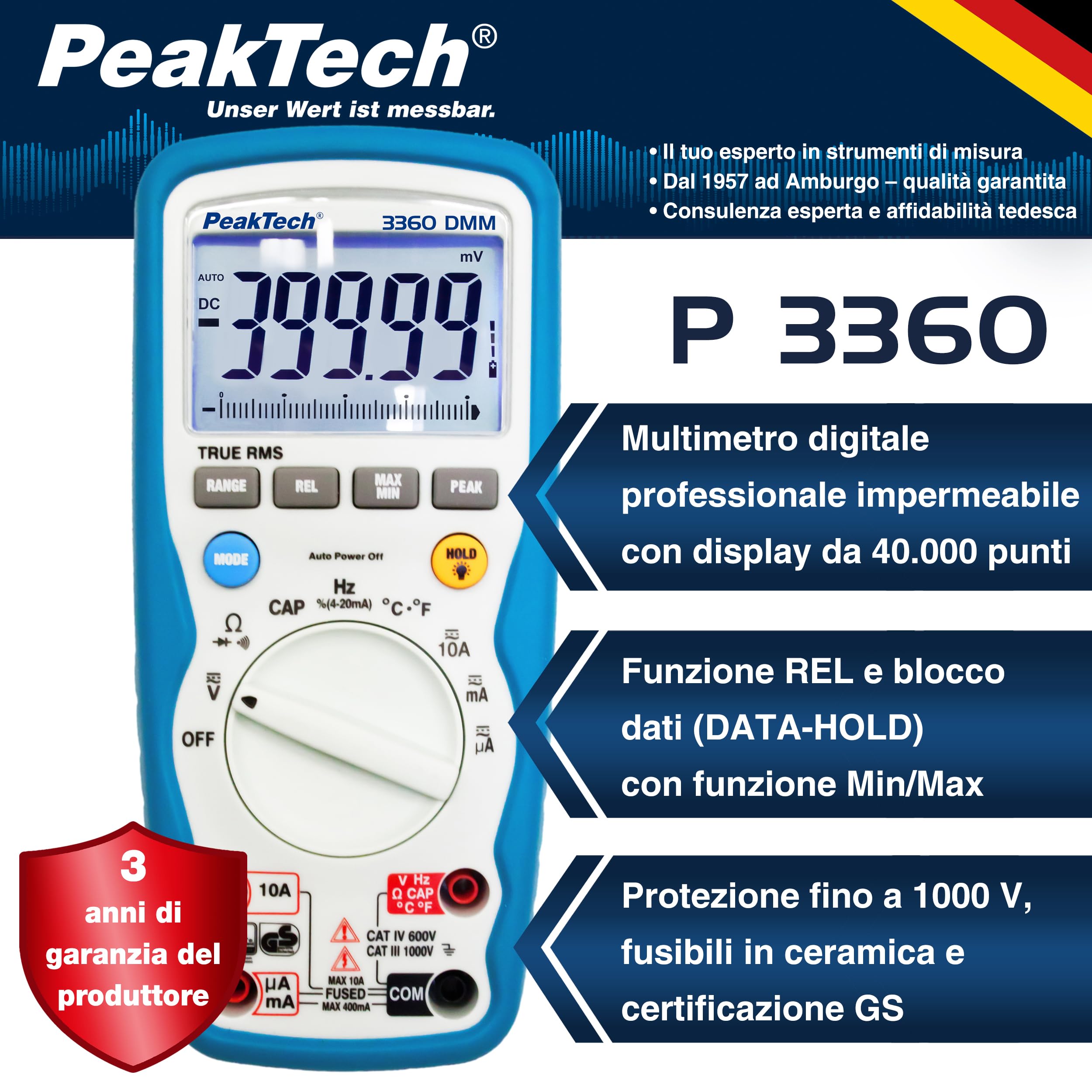 Peaktech P 3360 – Multimetro Digitale True Rms, Impermeabile, 40000 Conteggi, Tascabile Professionale, Tüv/Gs, Autorange, Misurazione della Corrente, Voltmetro, Tester di Continuità - Cat Iii 1000 V