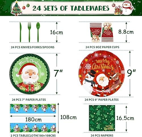 Miniatura 4 de Party Spot! Juego de 246 piezas de decoración de fiesta de Navidad, juegos de vajilla para 24 invitados, globos de papel de Navidad de Papá Noel,