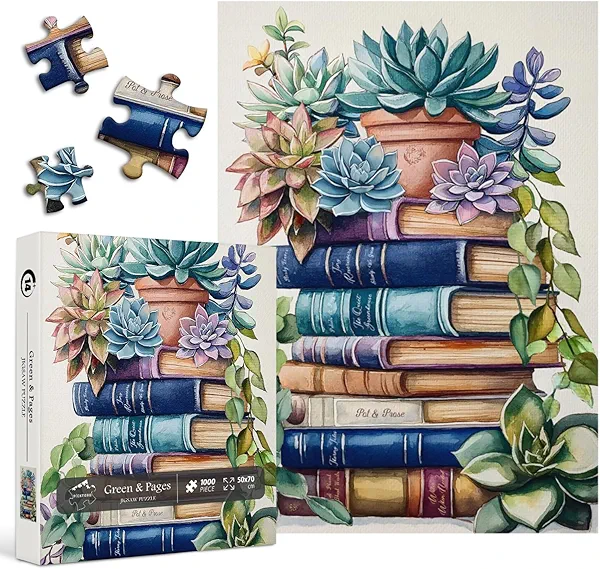 Vintage Succulent Puzzles for Adults, PICKFORU Book Jigsaw Puzzles 1000 Pieces, Retro Garden Plant Bookshelf Puzzle, Challenging Impossible Houseplant Theme as Art Decor