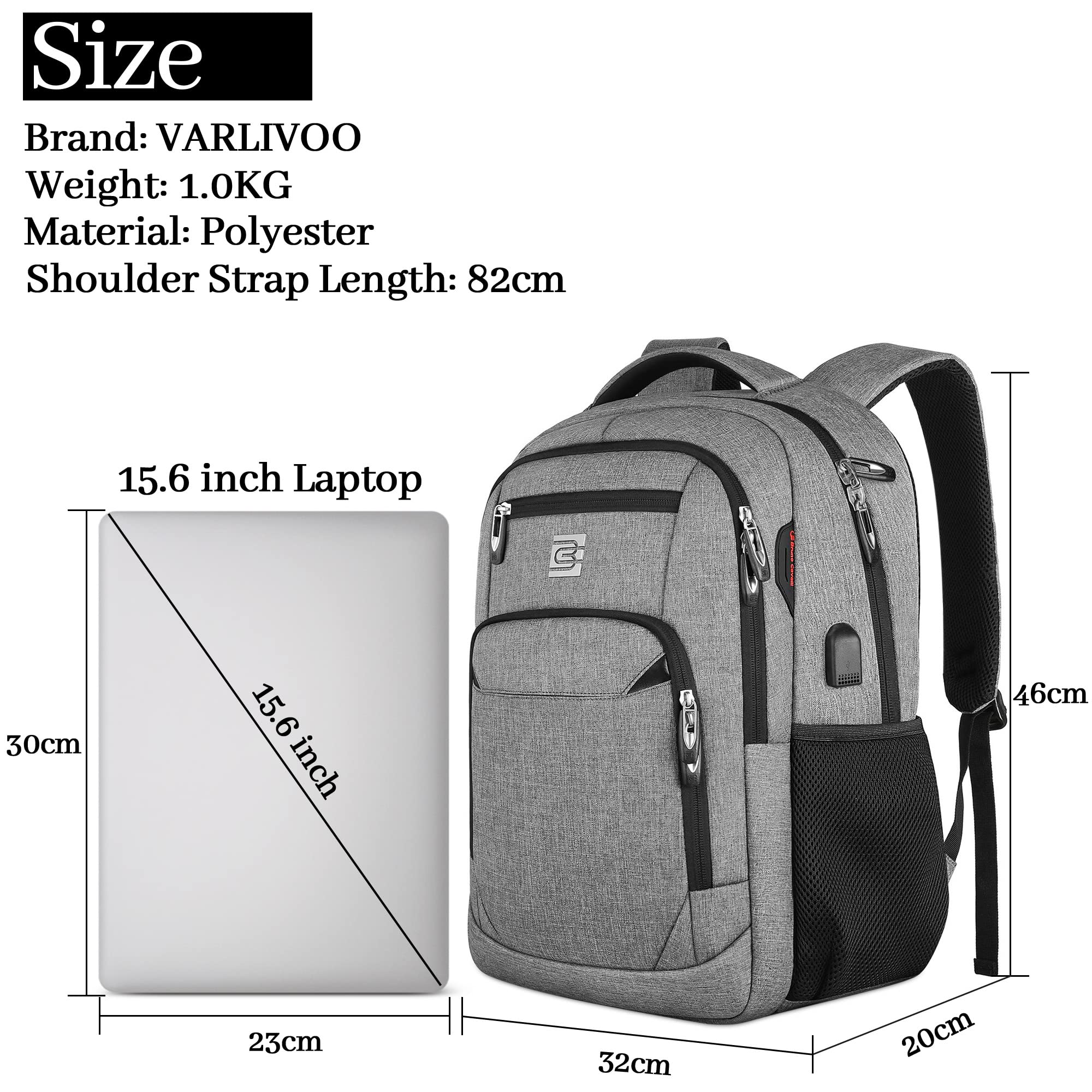 VARLIVOO Hommes/Femmes Sac à Dos USB Port Collège Daypack Ordinateur Portable 15,6" Pouces Haute Capacité Antivol Sacs D'école Travail Université Voyager Imperméable Polyester Gris Clair