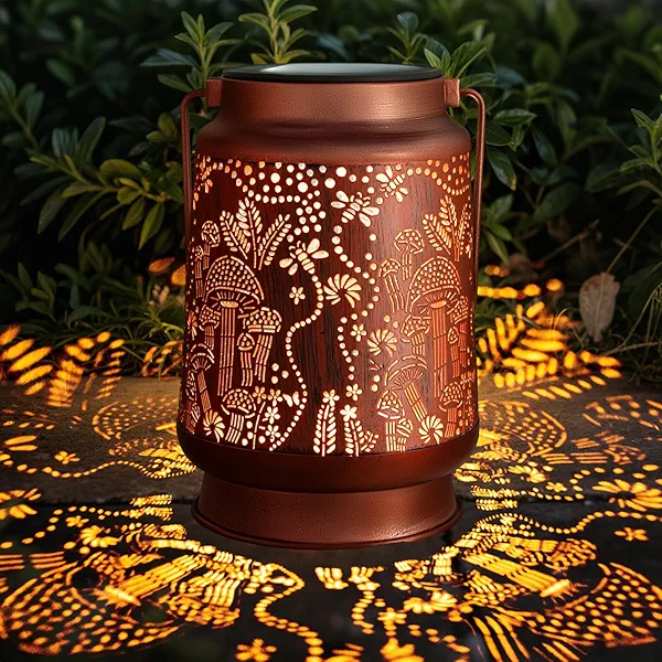 YWYELED Outdoor Solar Lanterns Waterproof - Metal Hanging Solar Lights Outdoor Decorative, Solar Powered LED Lantern Lamp for Patio Yard Garden Decor for Outside (1 Pack, Mushroom Shape)