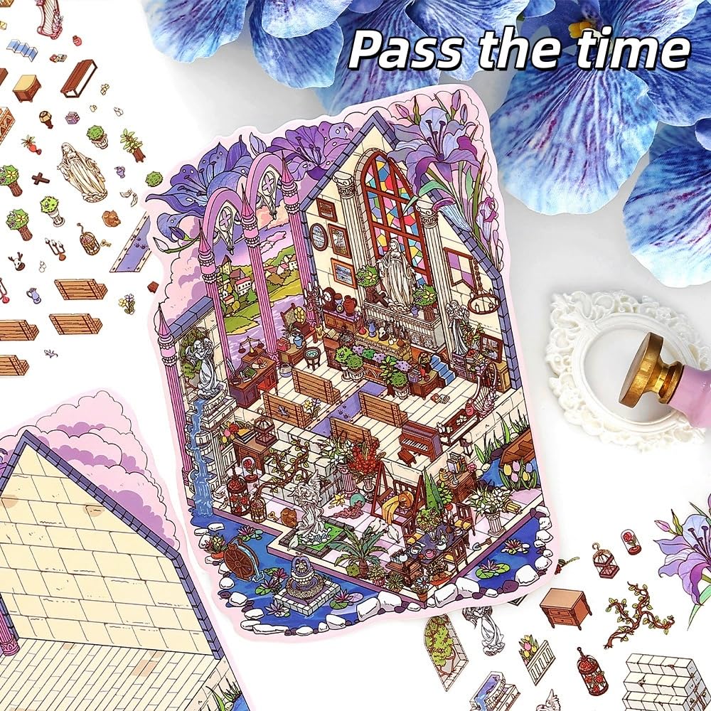 4 Sets DIY 3D House Stickers with Tweezers,Large 3D DIY Sticker Scenes for Adult Kids Relief Stress Pass The Time,Make Your Own Cute Cartoon Warm Shop Draw Studio Wineshop Church - Image 2