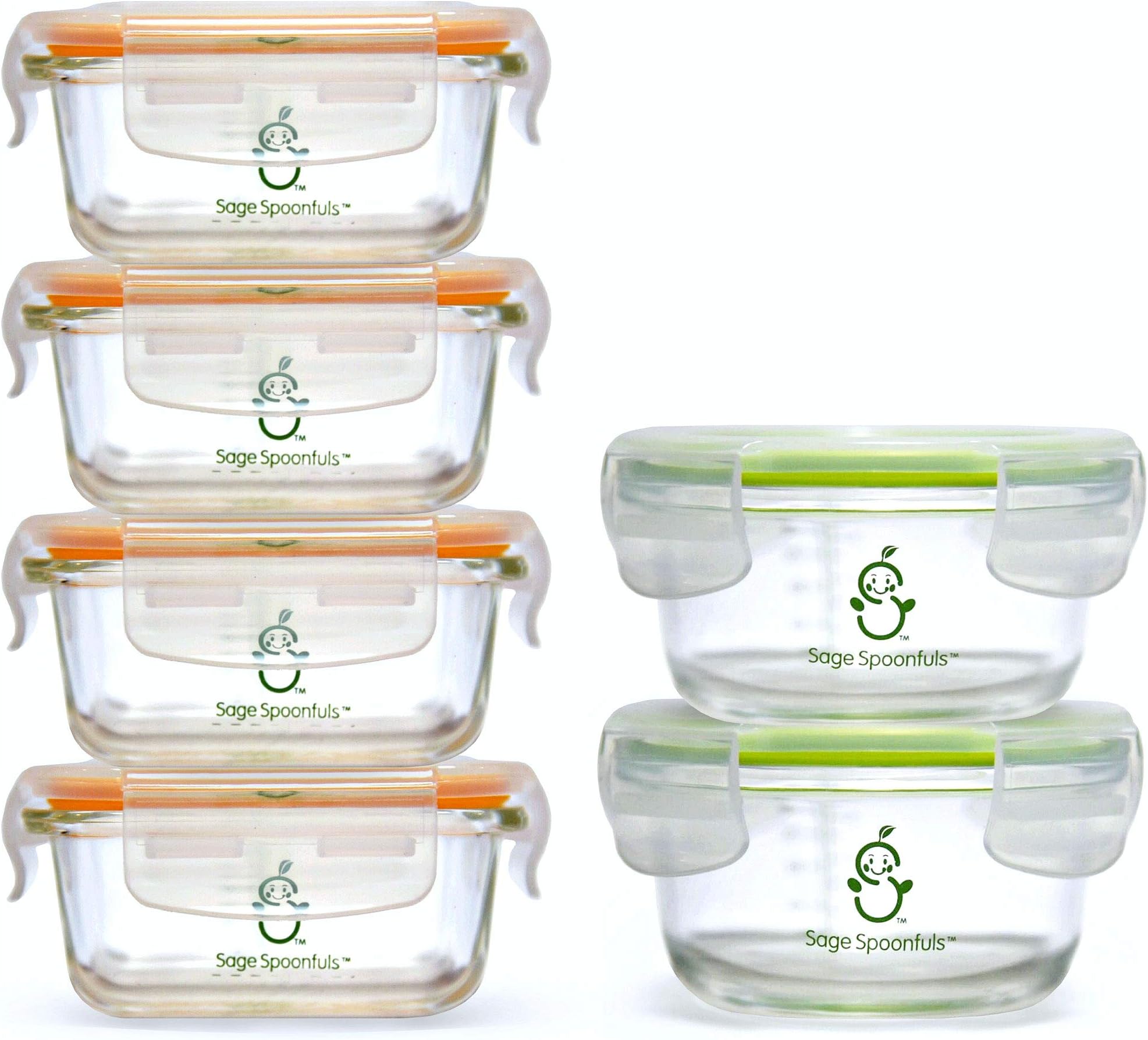 Sage Spoonfuls Glass Baby Food Containers with Lids - 6 Pack, 4 oz & 7oz Baby Food Jars, Durable, Leakproof, Airtight, Freezer Storage, Reusable Glass Baby Food Containers, Microwave & Dishwasher Safe